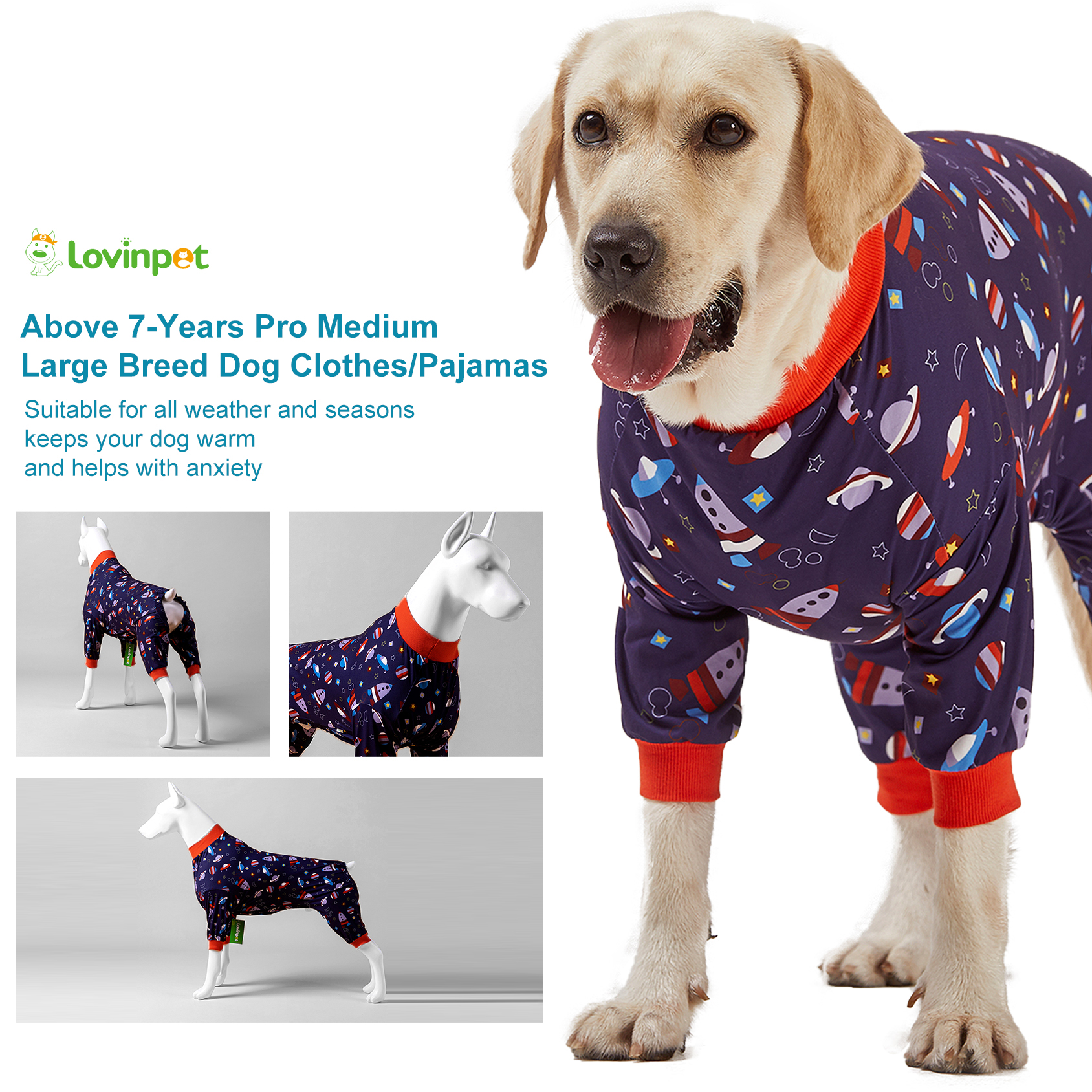 LovinPet Large Dog Pajamas Onesie - Space-Themed Dog Pajama with Rockets and Planets for Large Breeds