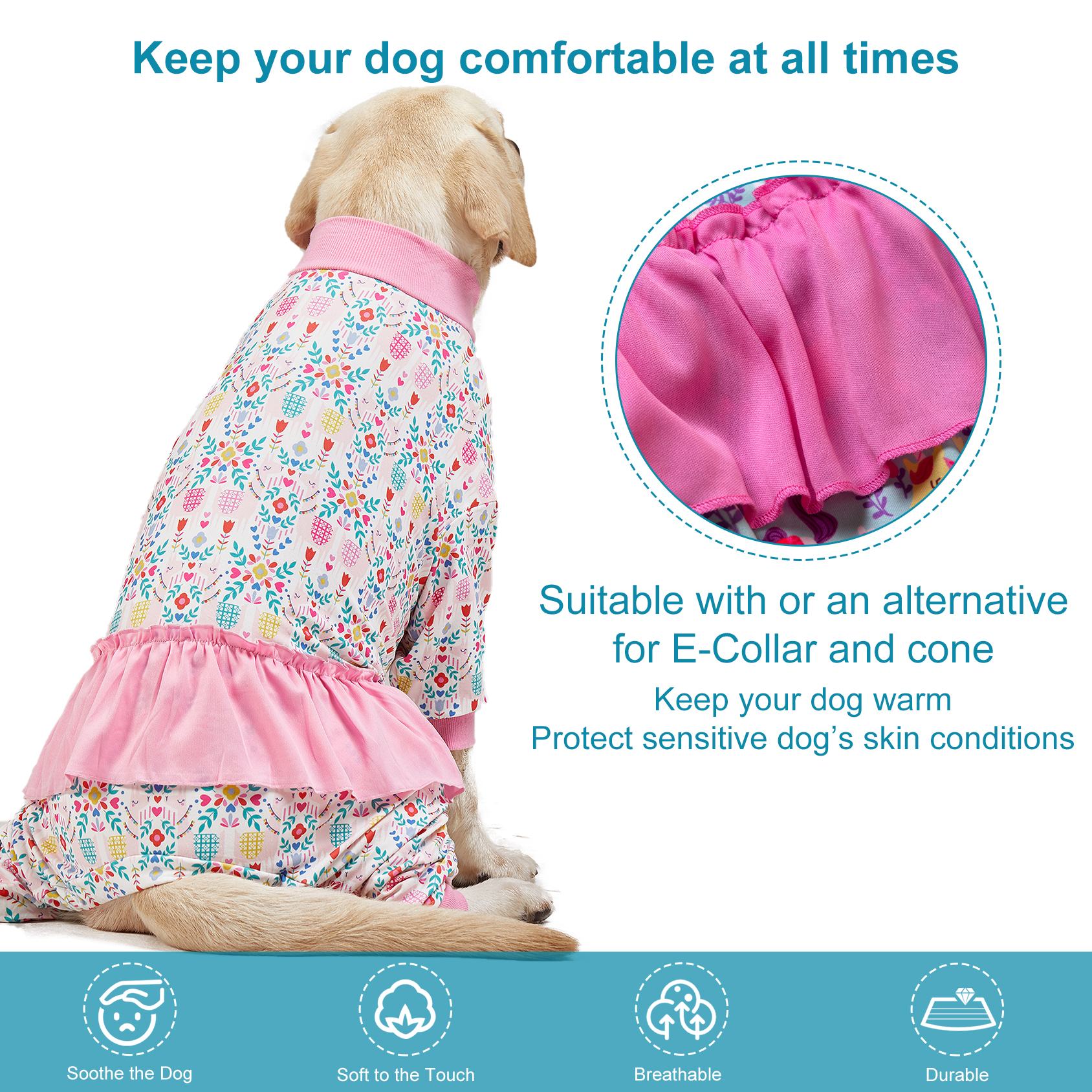 LovinPet Pink Wild Floral Pattern Big Dog Pajama with Belly Protection