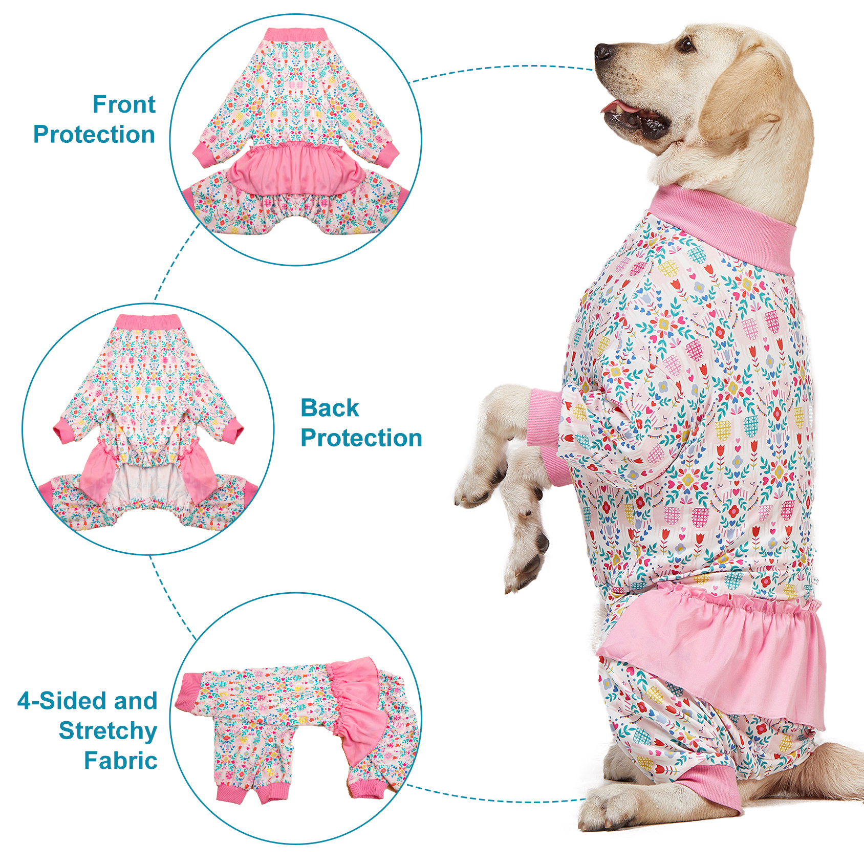 LovinPet Pink Wild Floral Pattern Big Dog Pajama with Belly Protection