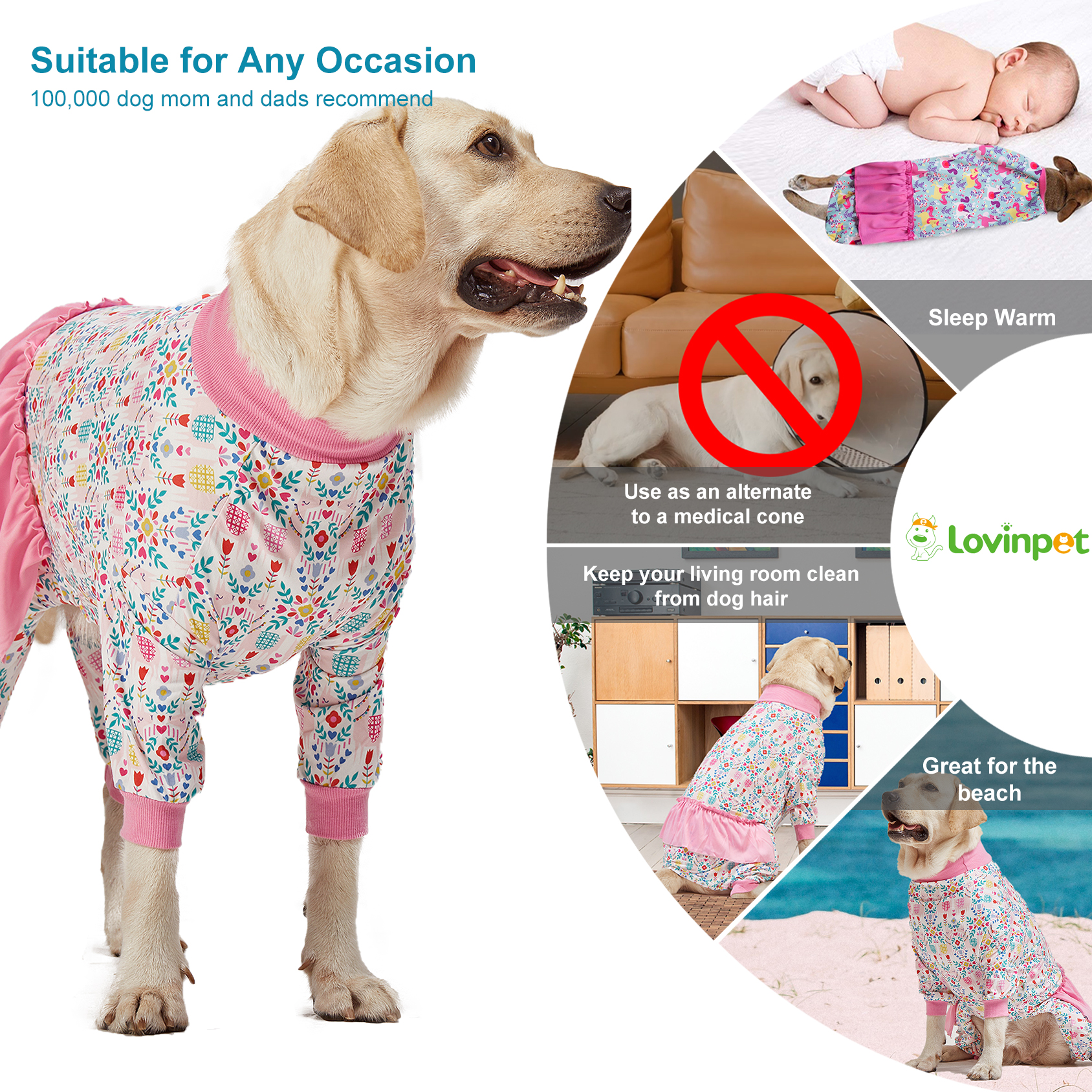 LovinPet Pink Wild Floral Pattern Big Dog Pajama with Belly Protection