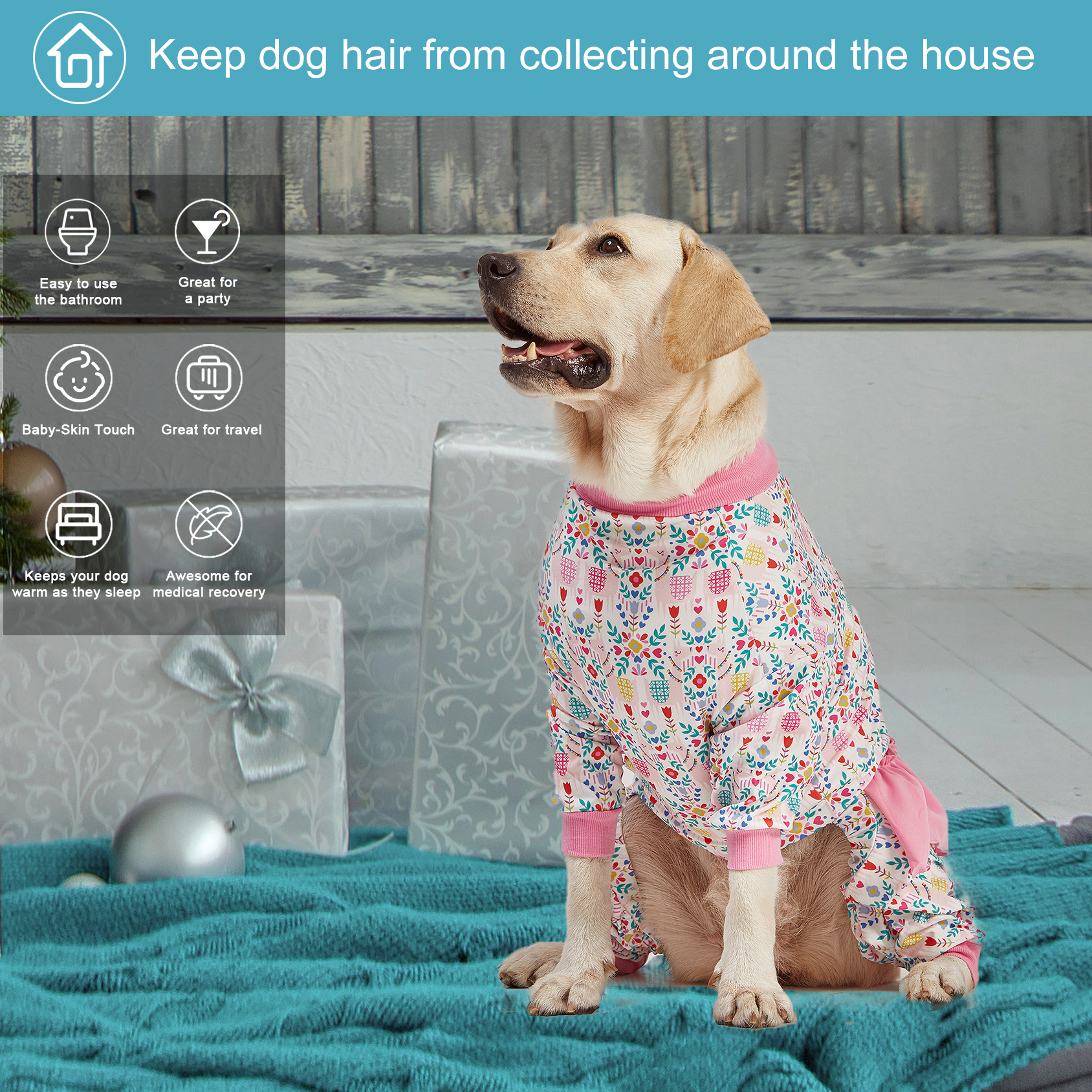 LovinPet Pink Wild Floral Pattern Big Dog Pajama with Belly Protection