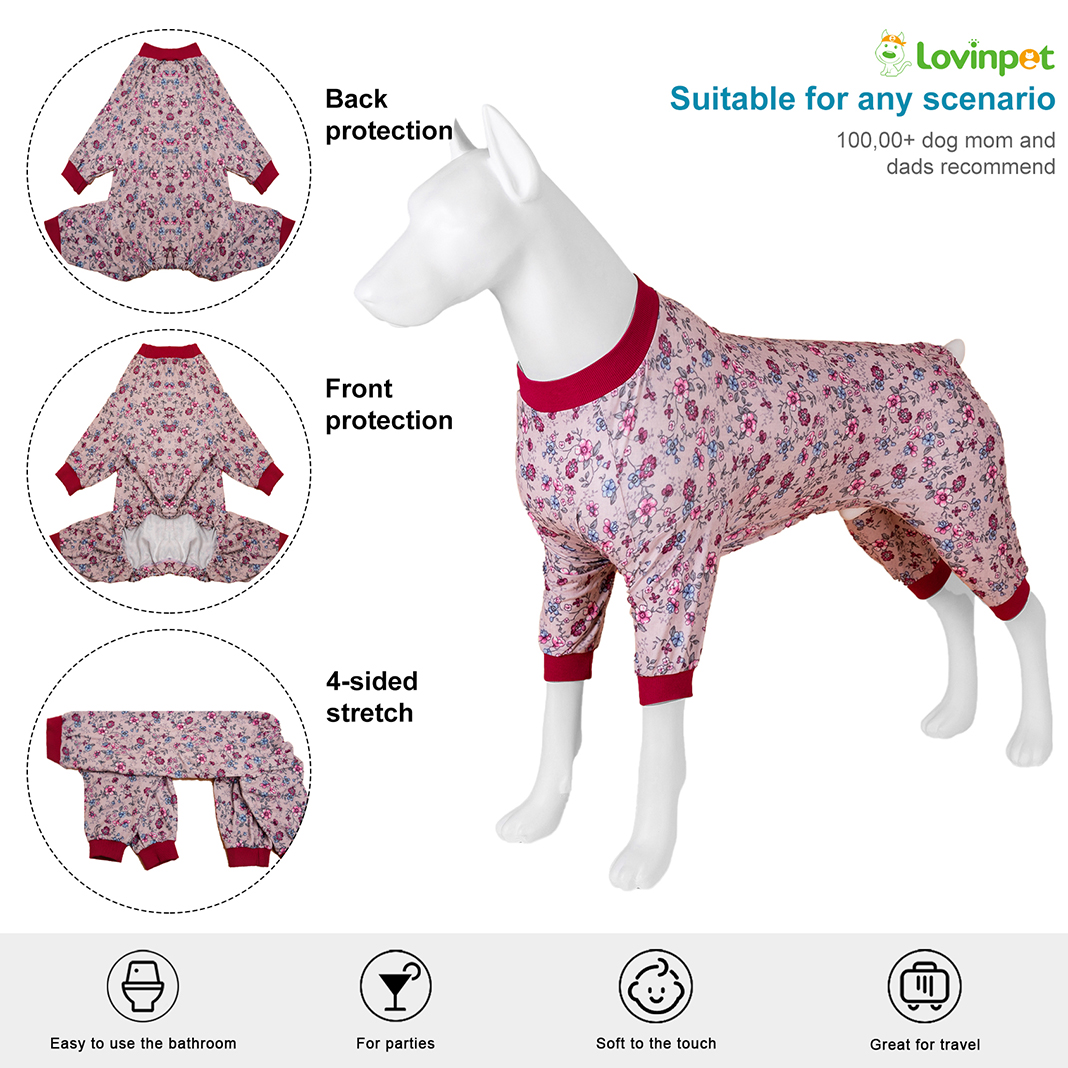 LovinPet Large Dog Pajama - Vintage Floral Pink Design with Burgundy Accents