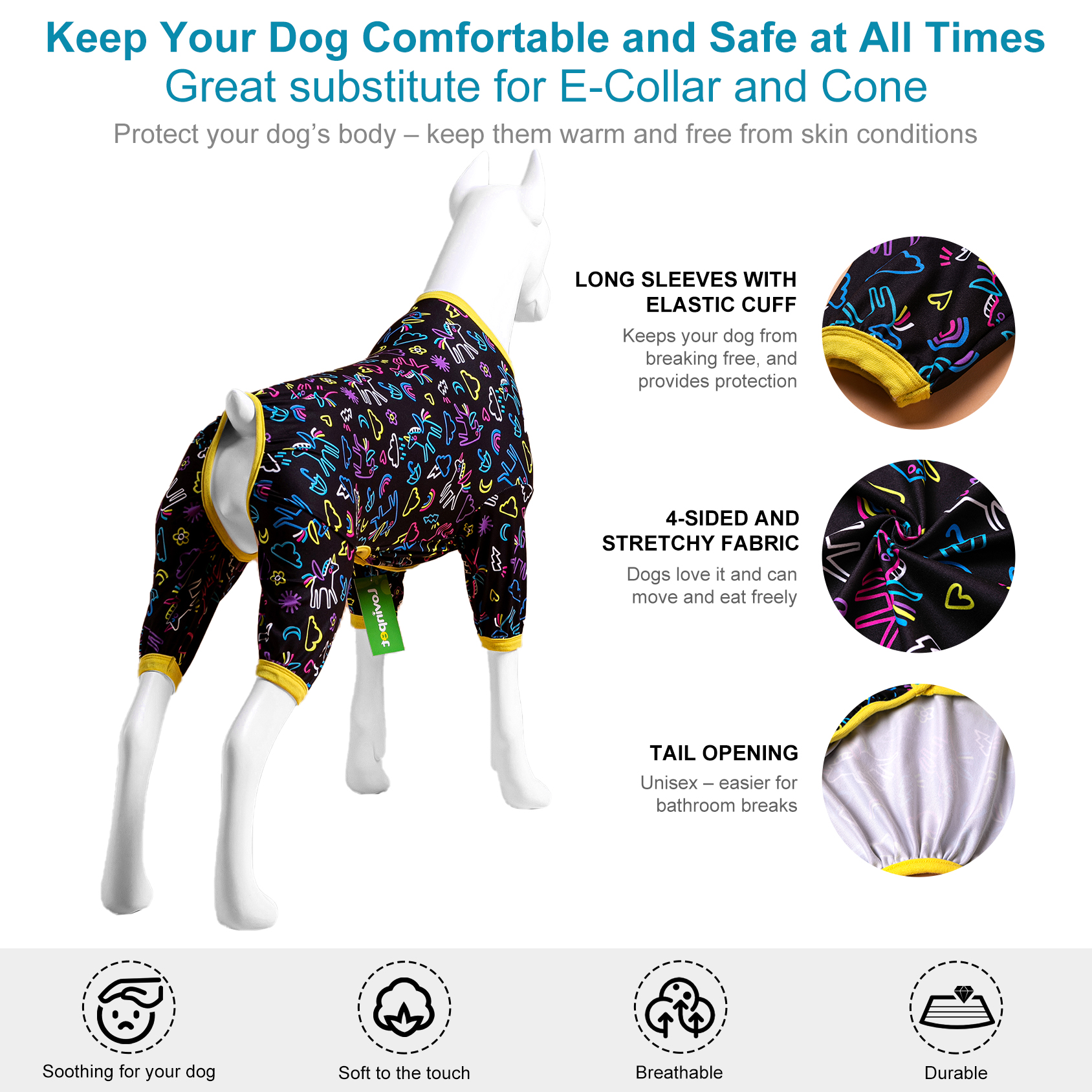 LovinPet Large Dog Pajamas Onesie - Neon Unicorn & Stars Design