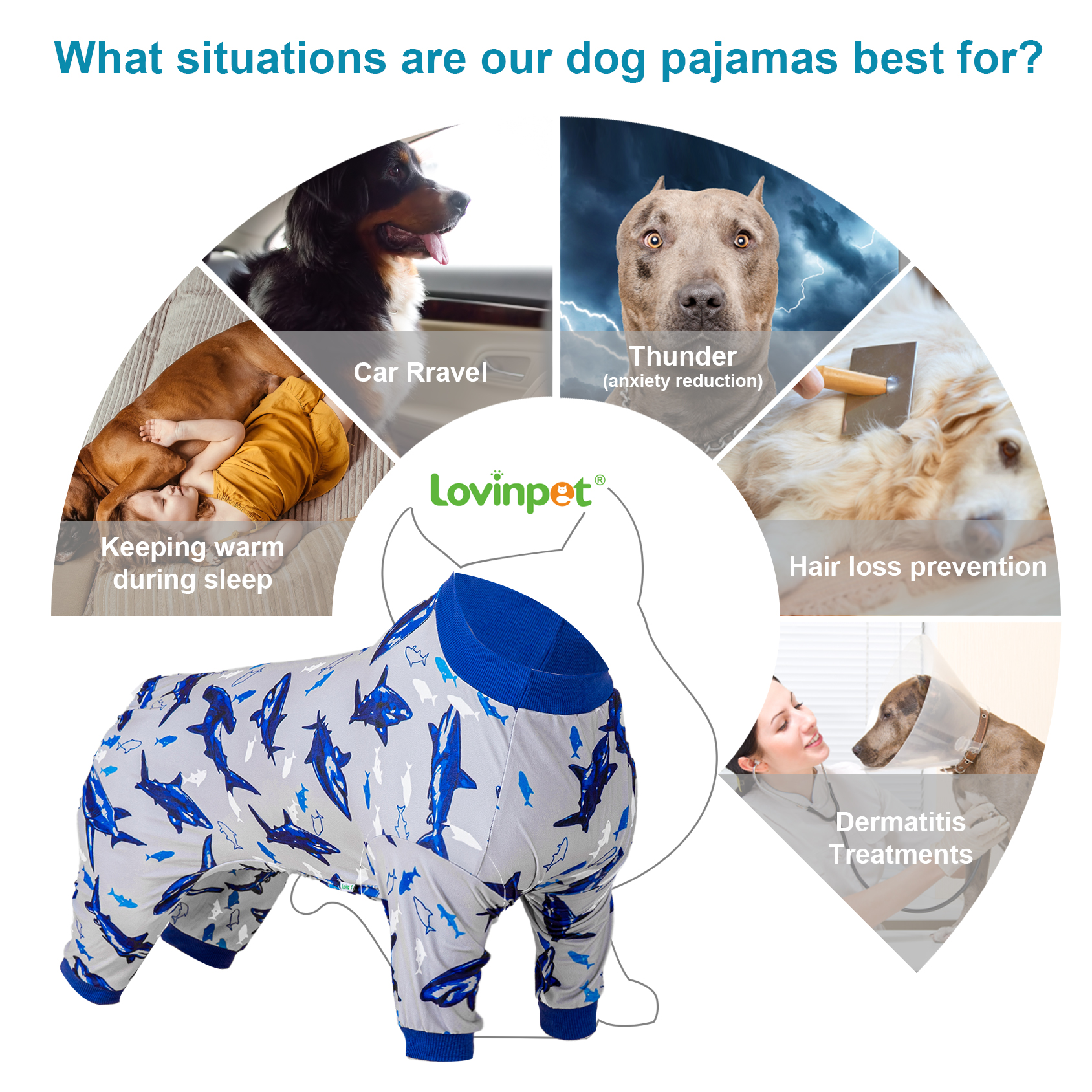 LovinPet Large Dog Pajama - Ocean Shark and Fish Print Pajamas for Large Dogs