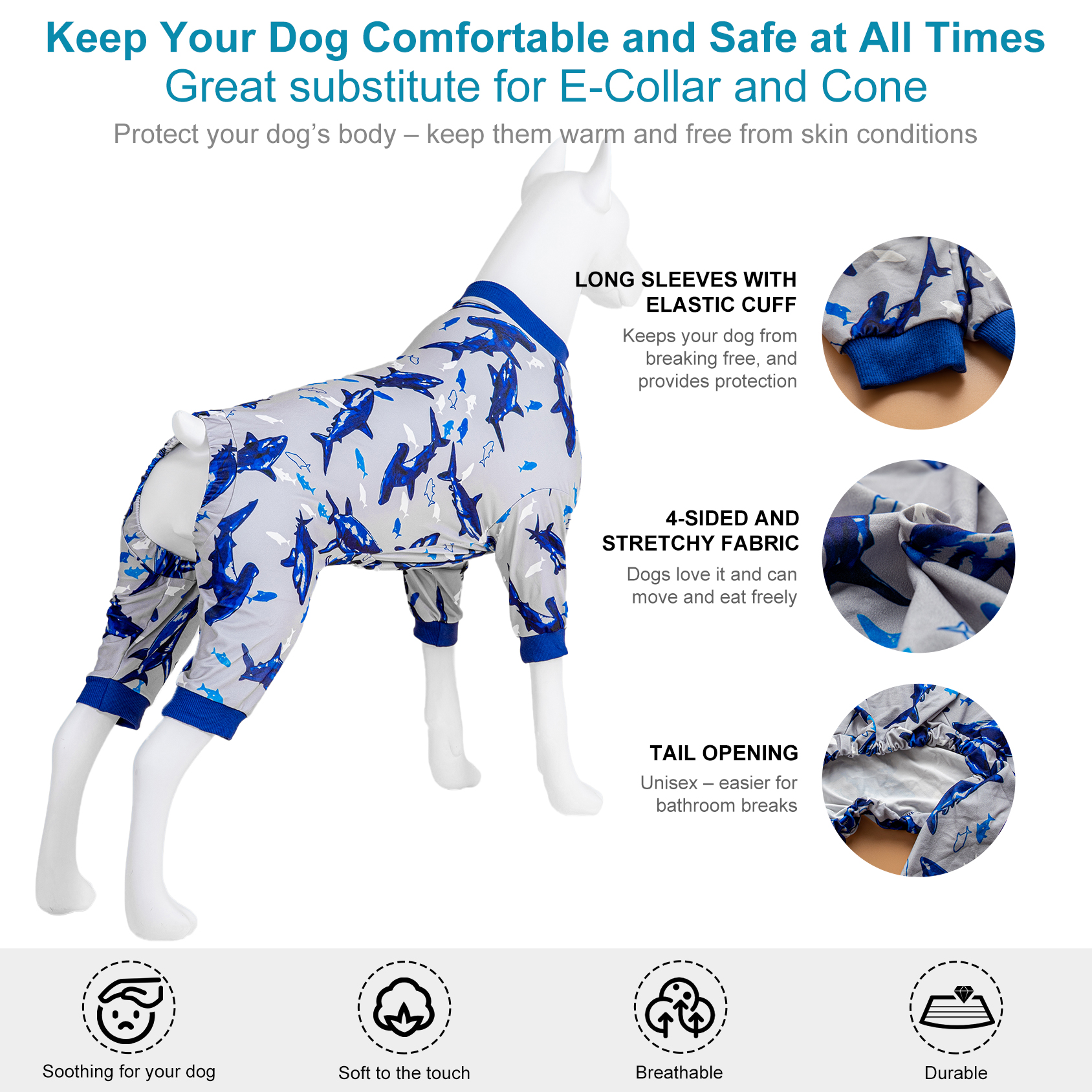 LovinPet Large Dog Pajama - Ocean Shark and Fish Print Pajamas for Large Dogs