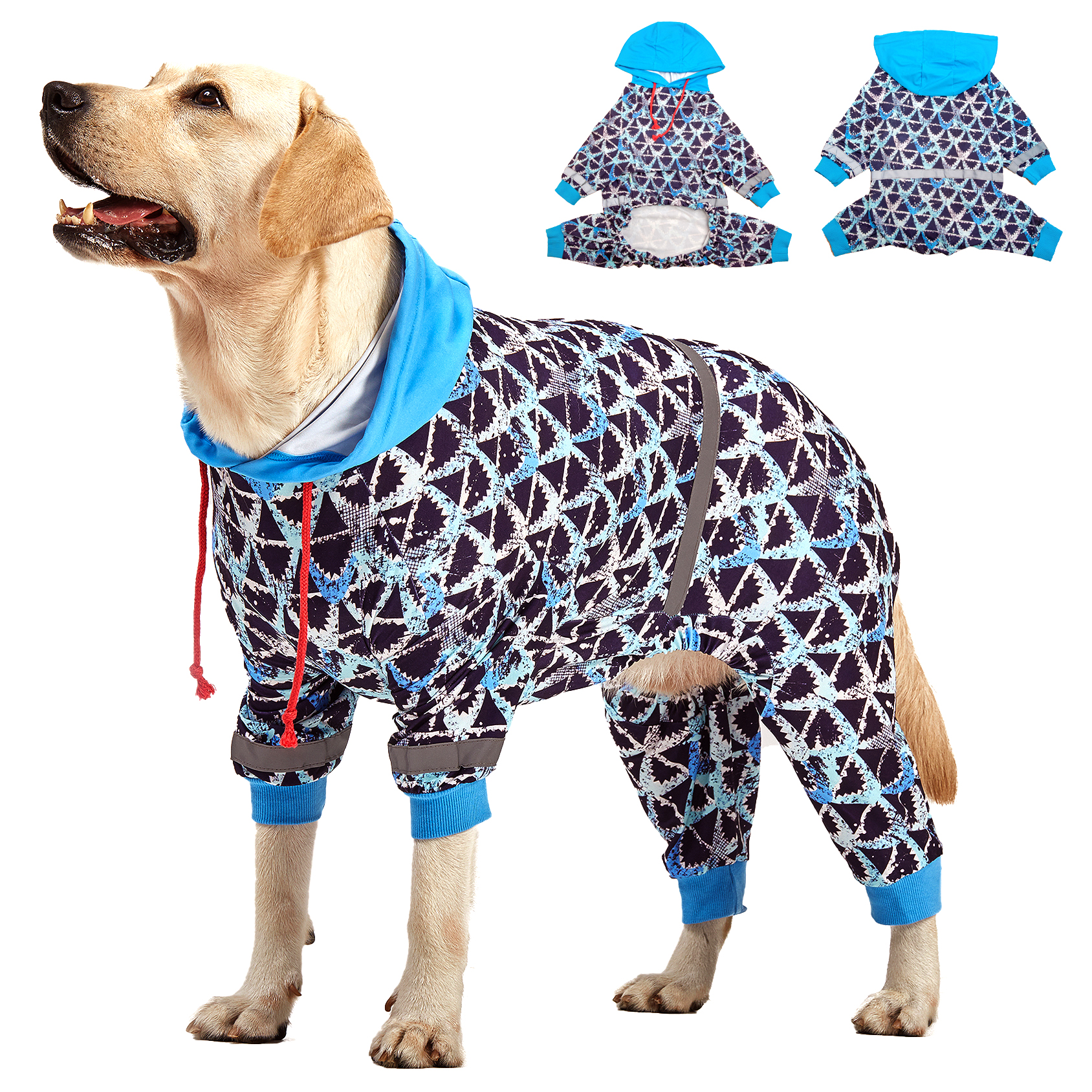 LovinPet Large Dog Pajama with Hooded - Geometric Design Full-Body Pajamas with Blue Hood