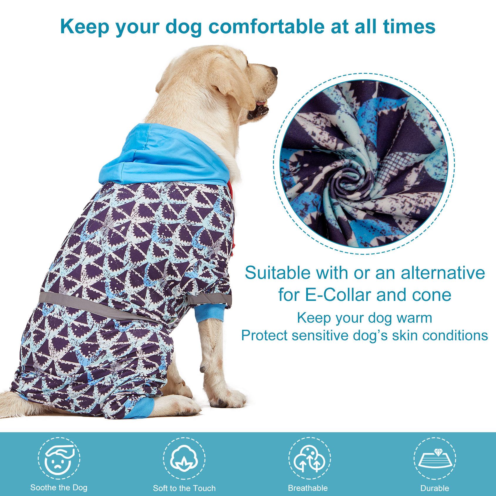 LovinPet Large Dog Pajama with Hooded - Geometric Design Full-Body Pajamas with Blue Hood
