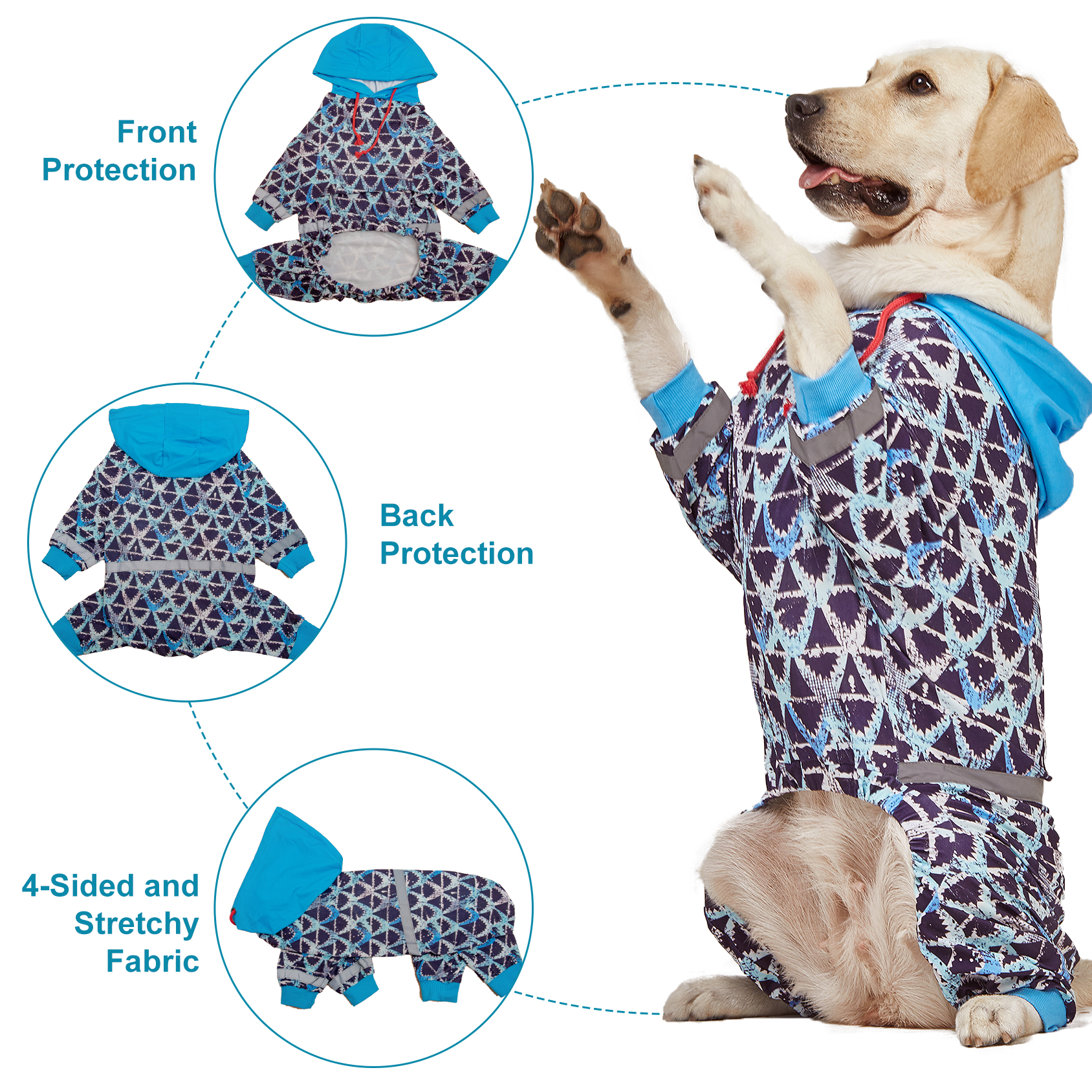 LovinPet Large Dog Pajama with Hooded - Geometric Design Full-Body Pajamas with Blue Hood