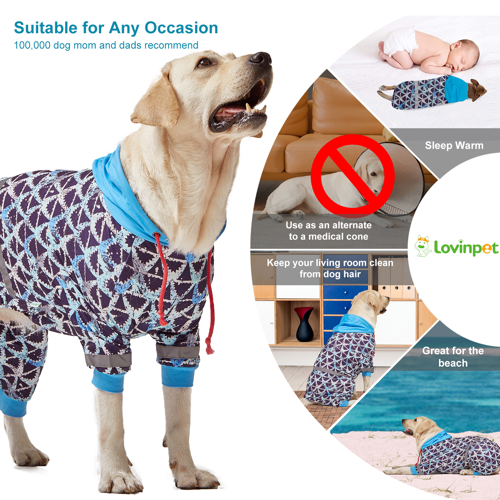 LovinPet Large Dog Pajama with Hooded - Geometric Design Full-Body Pajamas with Blue Hood