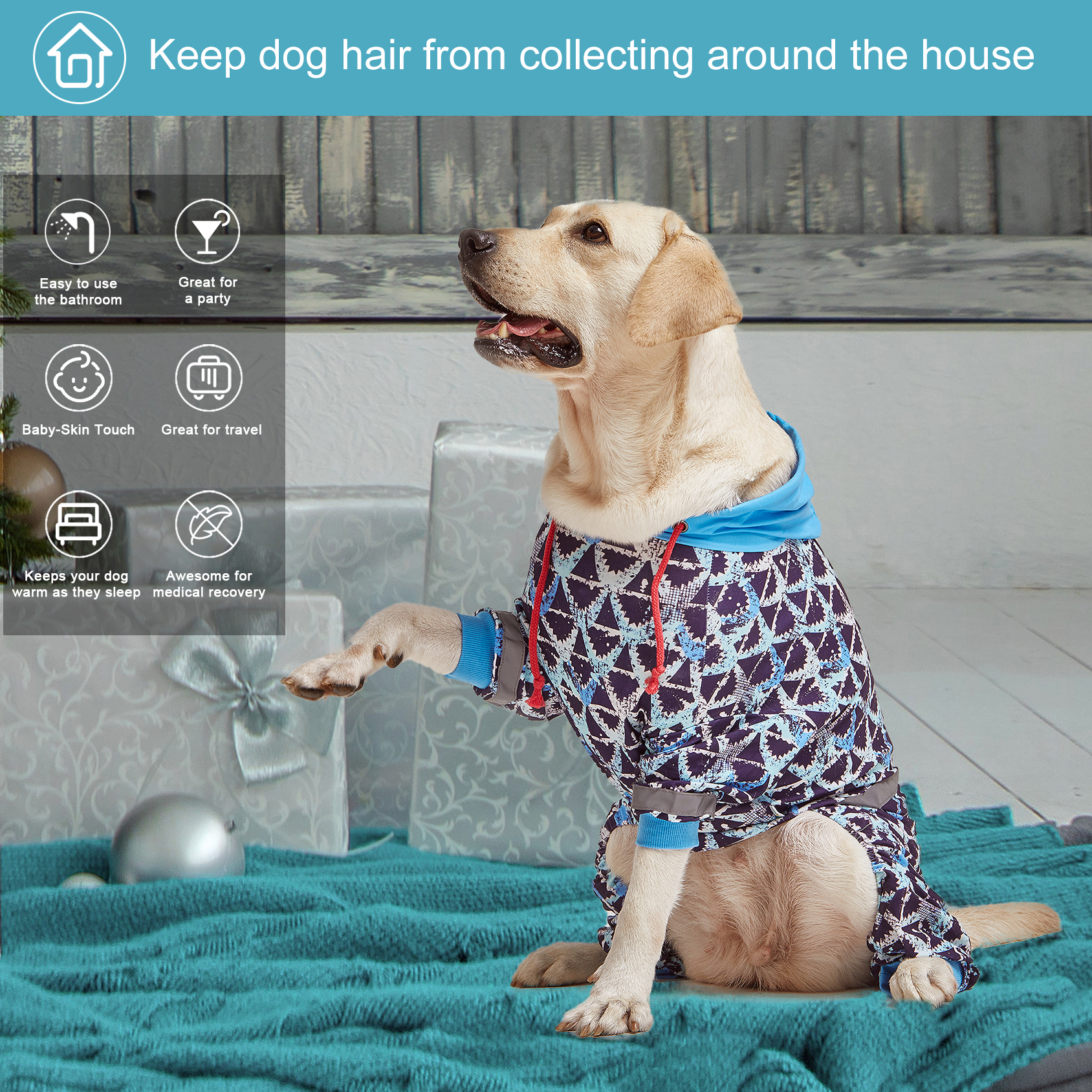 LovinPet Large Dog Pajama with Hooded - Geometric Design Full-Body Pajamas with Blue Hood