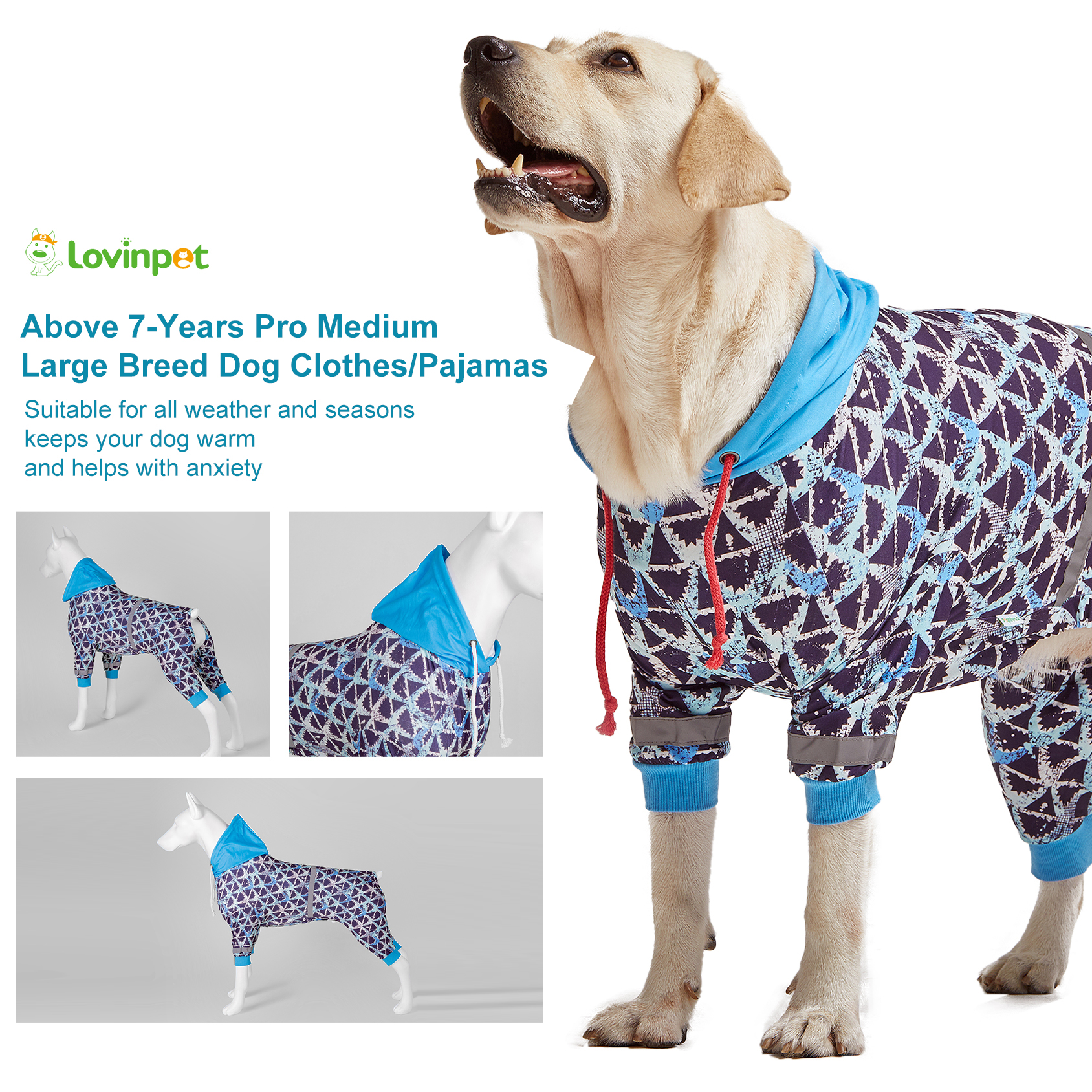 LovinPet Large Dog Pajama with Hooded - Geometric Design Full-Body Pajamas with Blue Hood