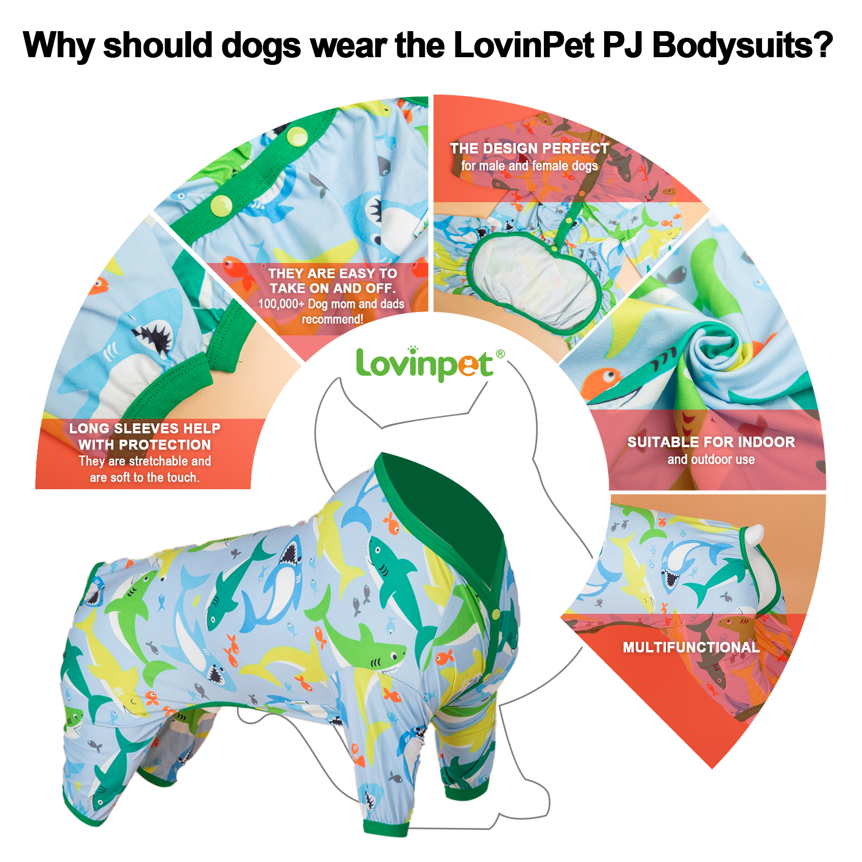 LovinPet Surgical Recovery Shirt for Large Dogs - Shark Print with Full-Body Protection