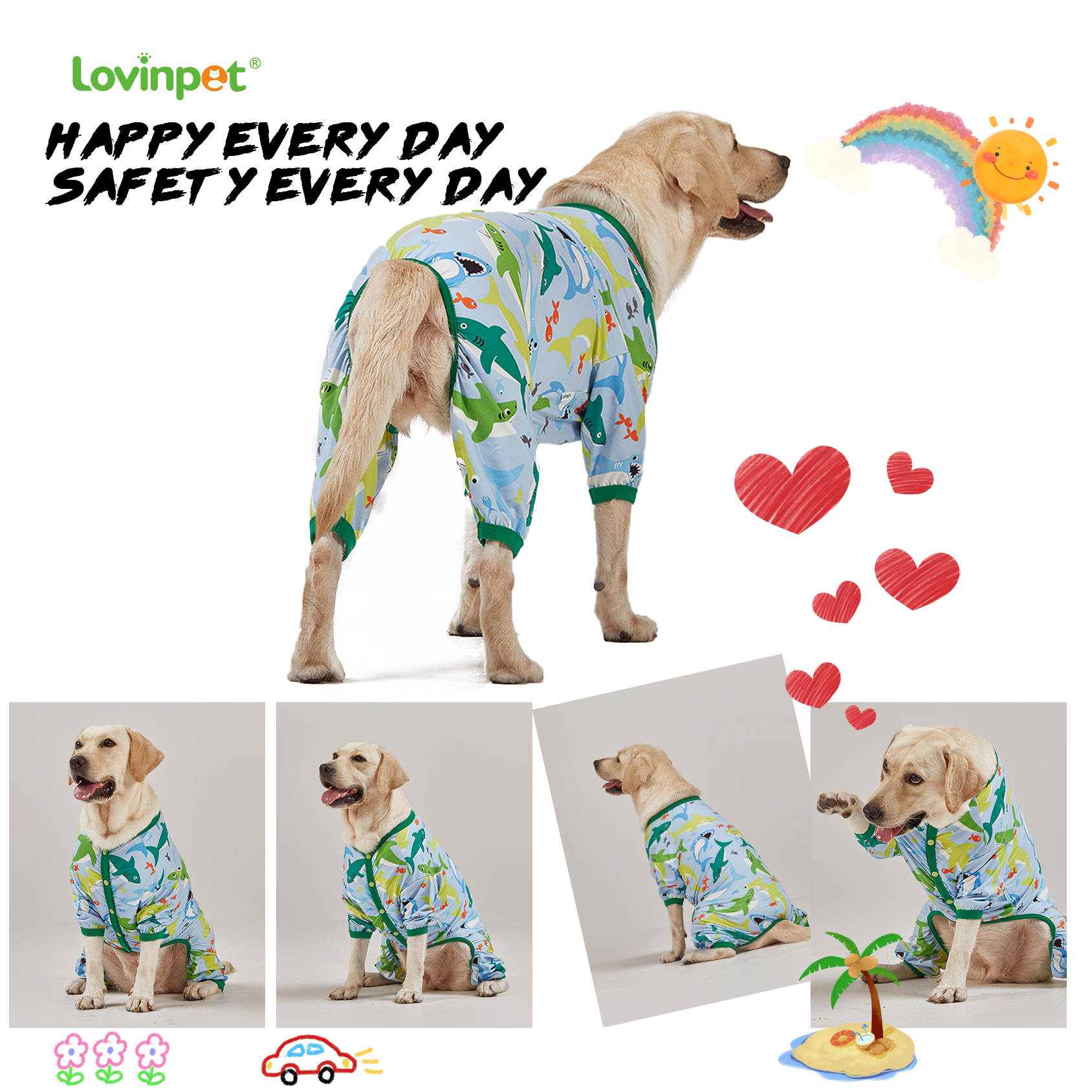 LovinPet Surgical Recovery Shirt for Large Dogs - Shark Print with Full-Body Protection