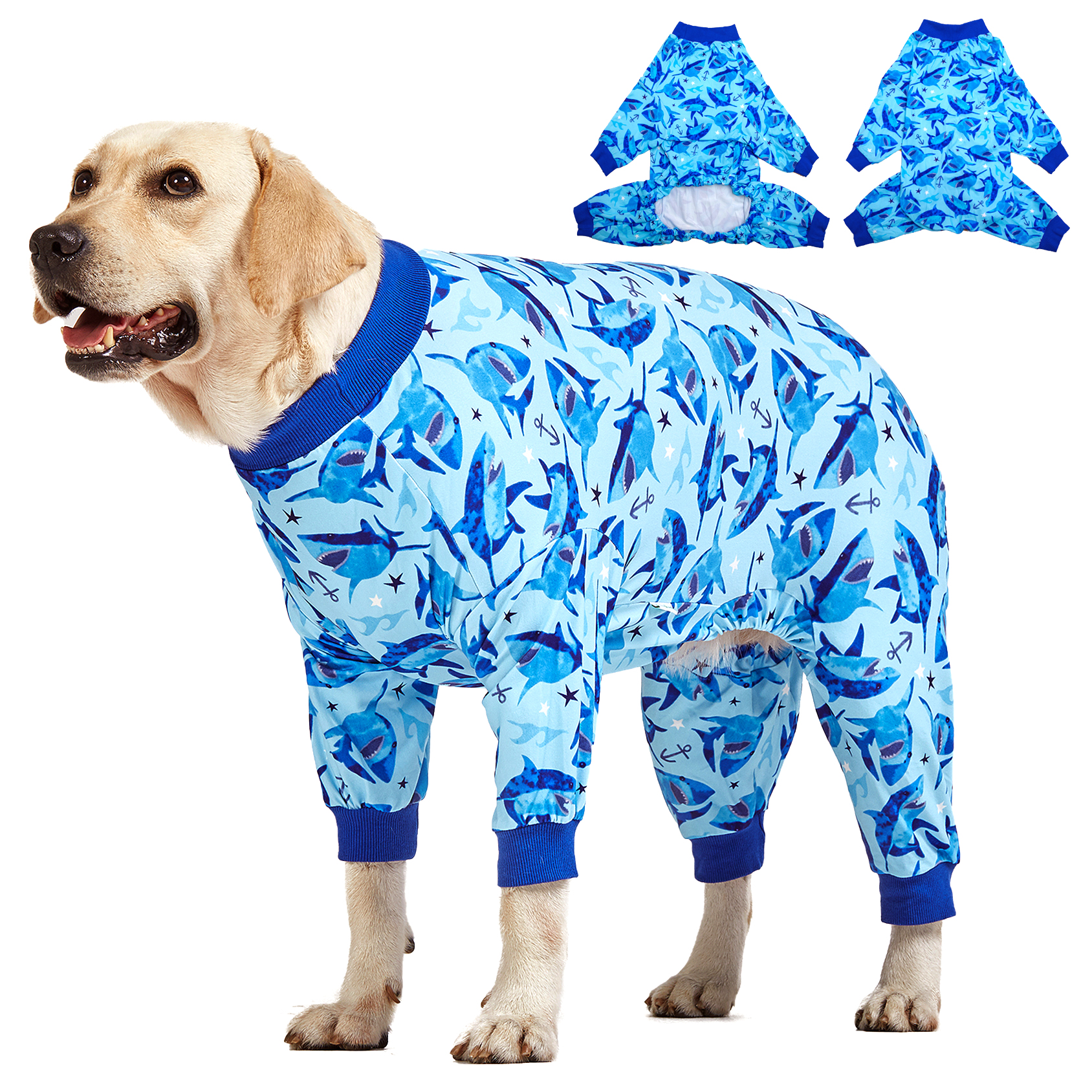 LovinPet Large Dog Pajamas Onesie - Blue Shark and Ocean Design for Big Breeds