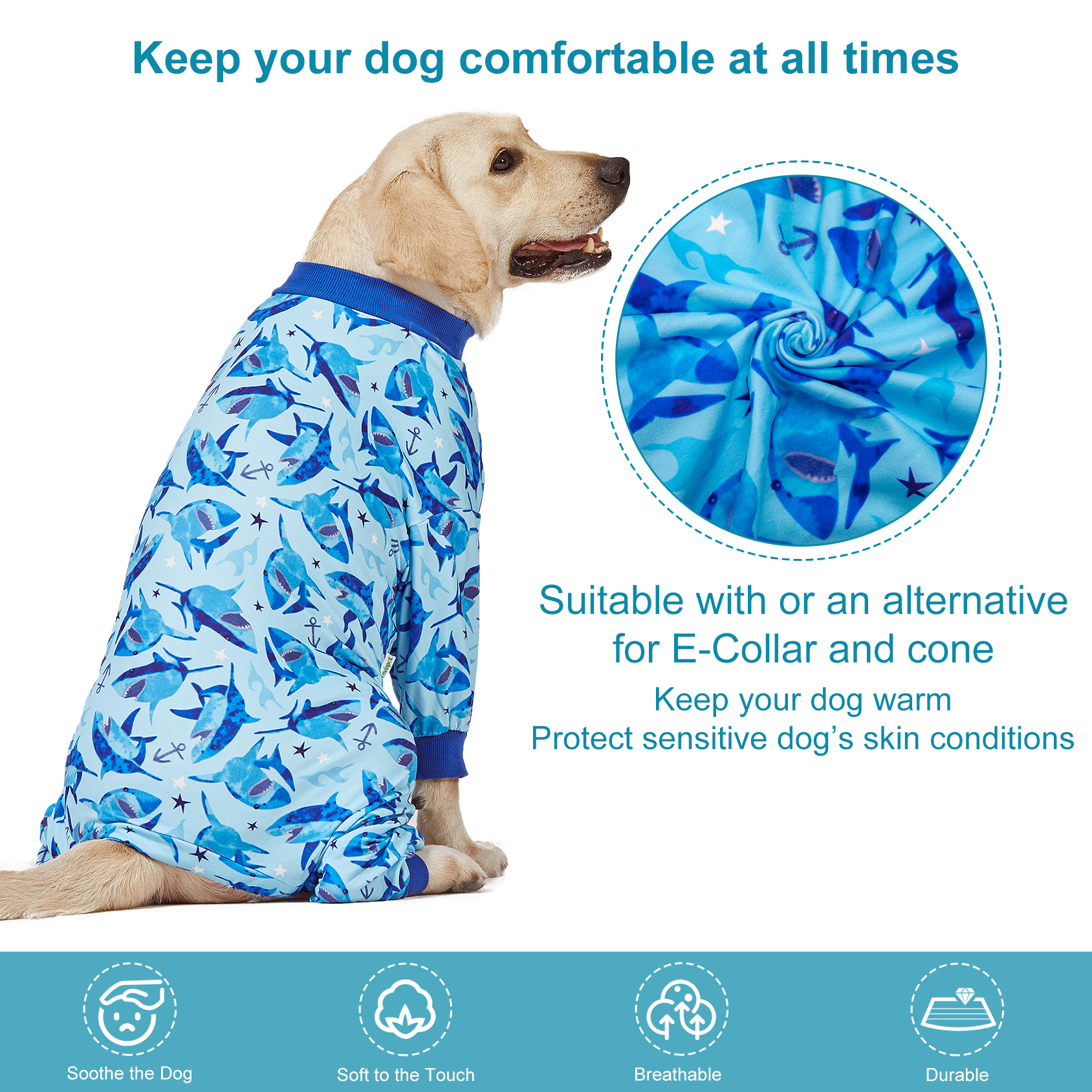 LovinPet Large Dog Pajamas Onesie - Blue Shark and Ocean Design for Big Breeds