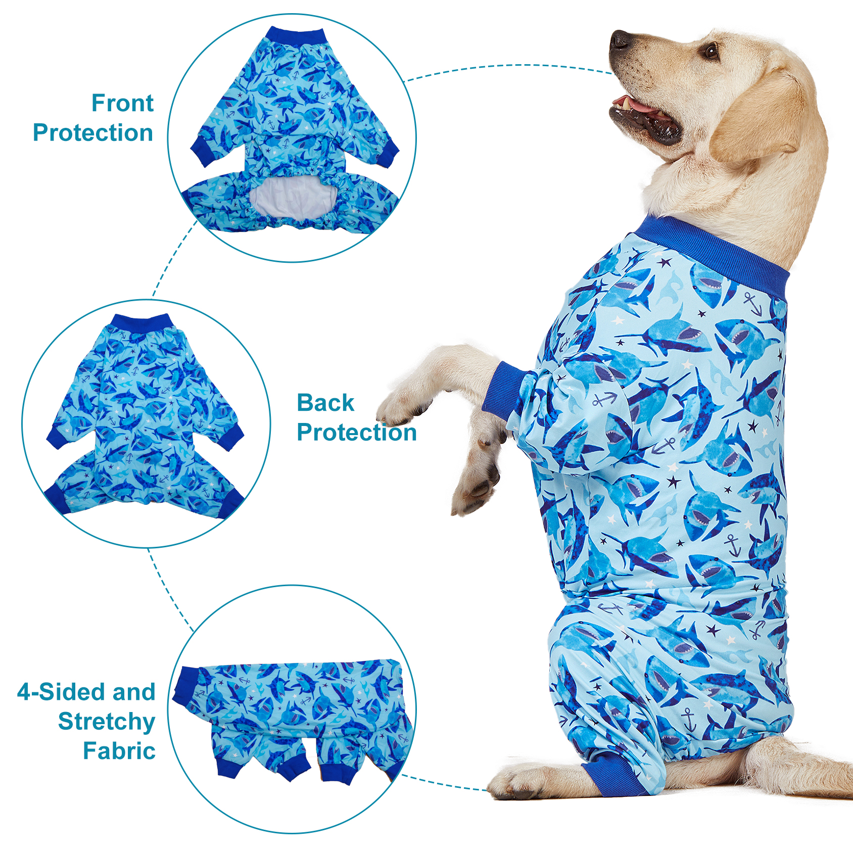 LovinPet Large Dog Pajamas Onesie - Blue Shark and Ocean Design for Big Breeds