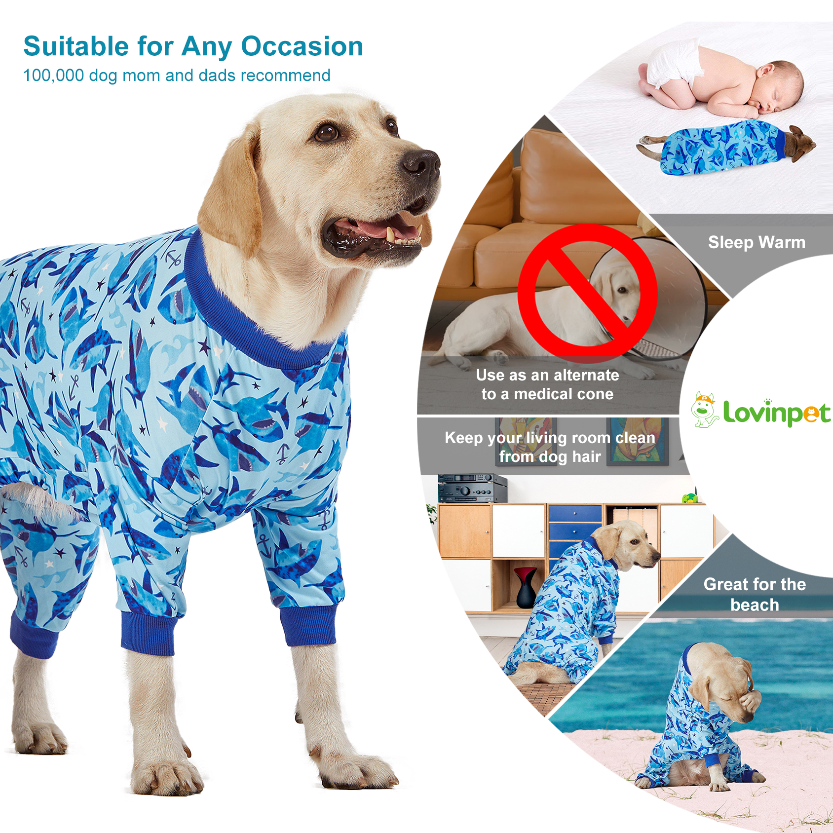 LovinPet Large Dog Pajamas Onesie - Blue Shark and Ocean Design for Big Breeds