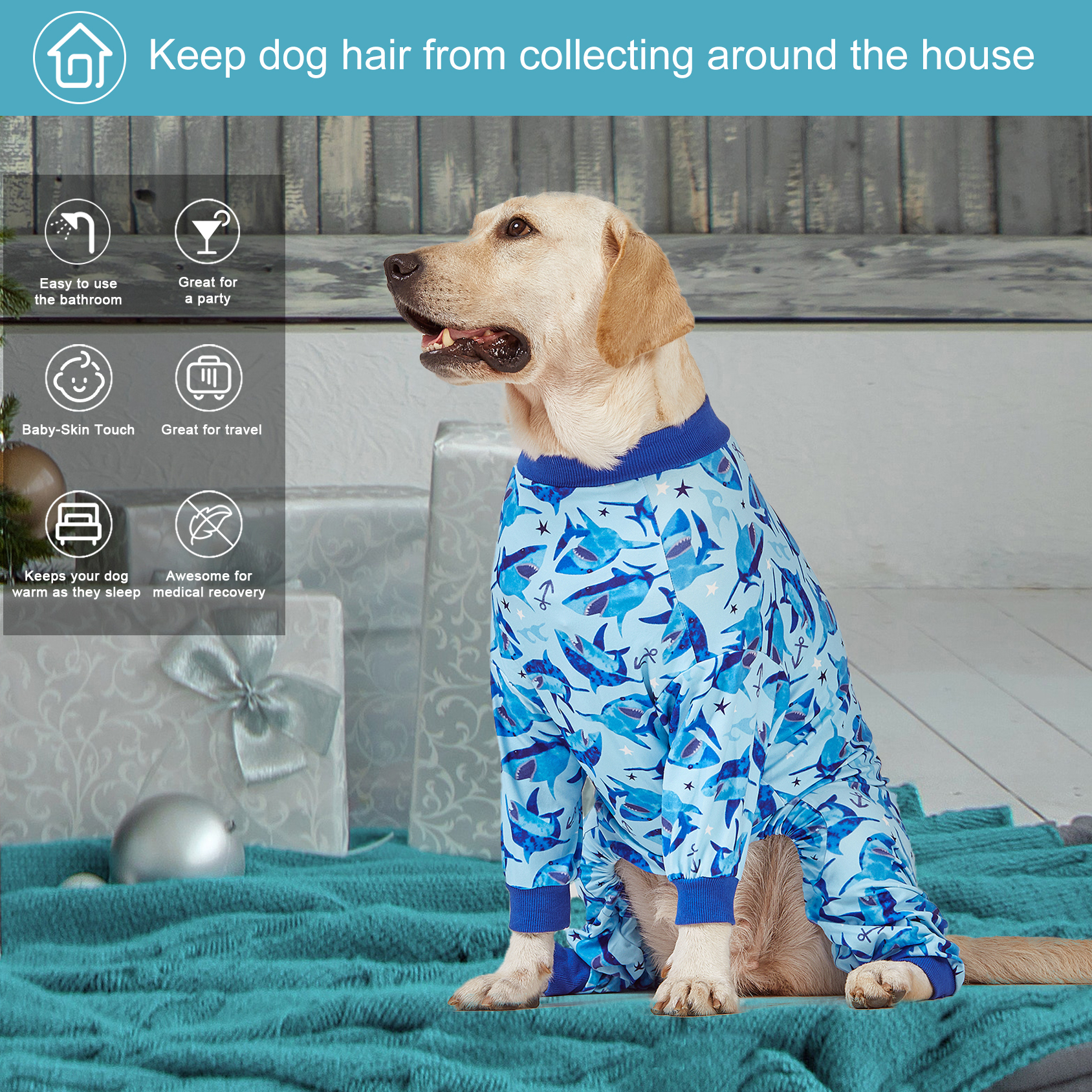 LovinPet Large Dog Pajamas Onesie - Blue Shark and Ocean Design for Big Breeds