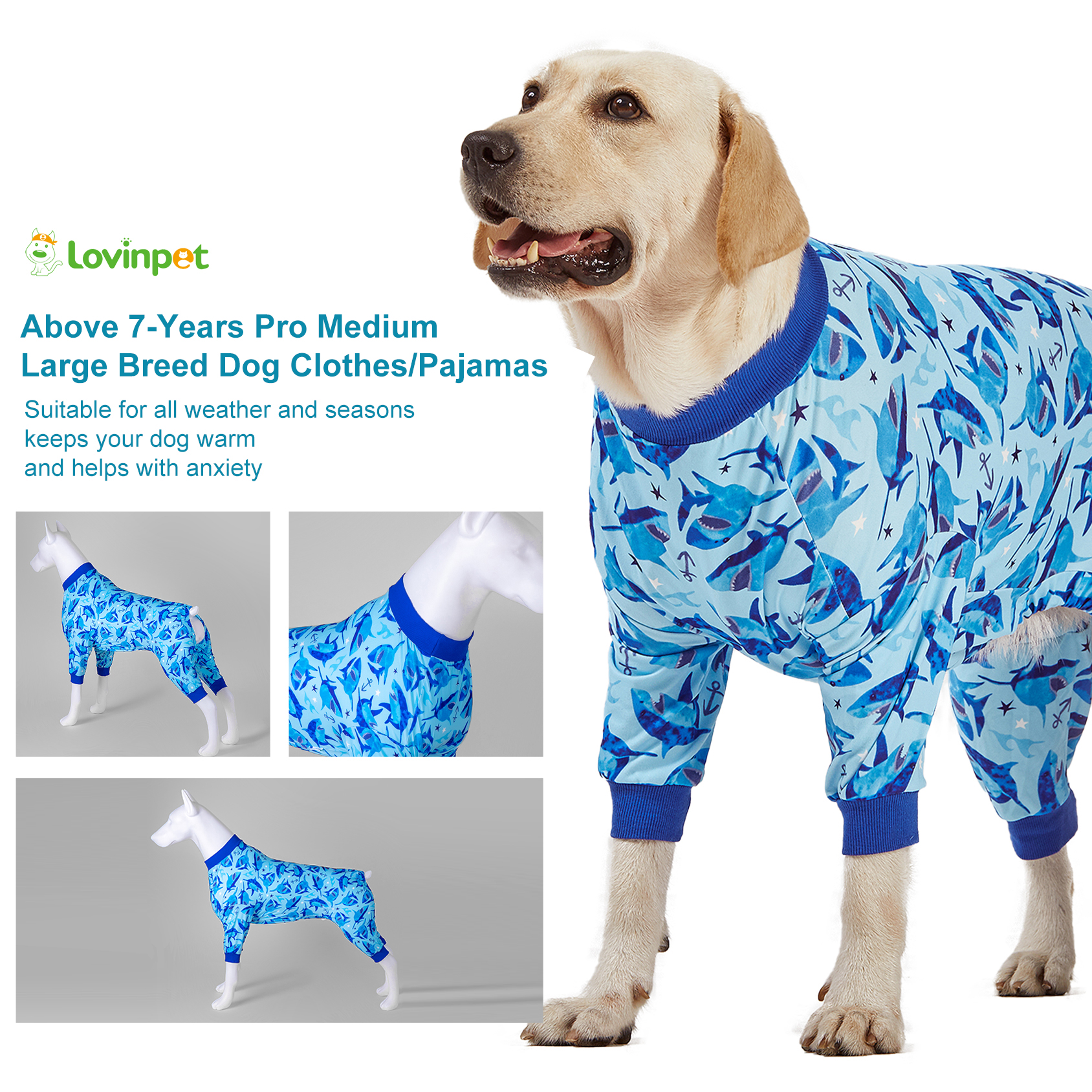 LovinPet Large Dog Pajamas Onesie - Blue Shark and Ocean Design for Big Breeds