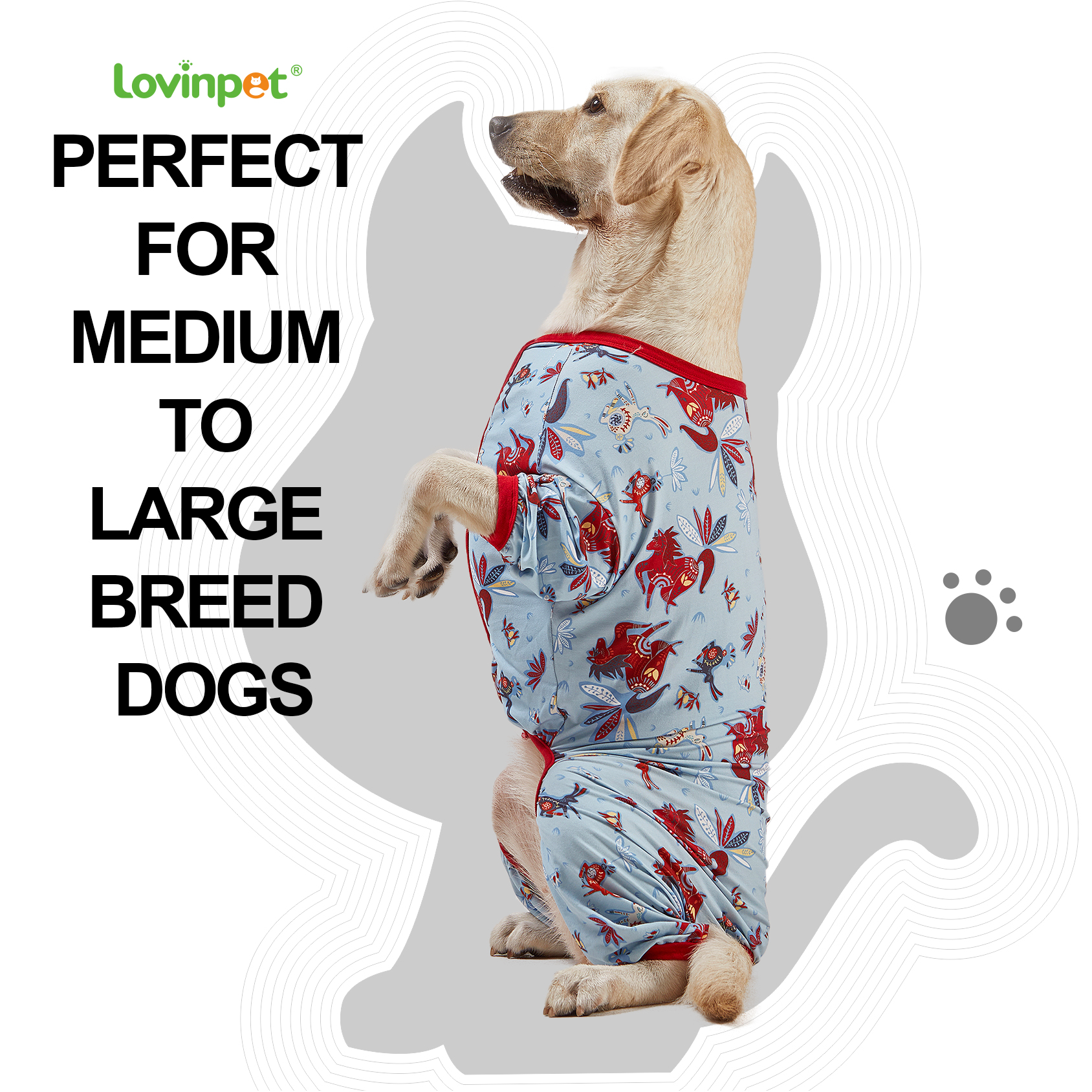 LovinPet Large Dog Pajama - Red Horse Fantasy Design Full-Body Pajamas with Red Accents