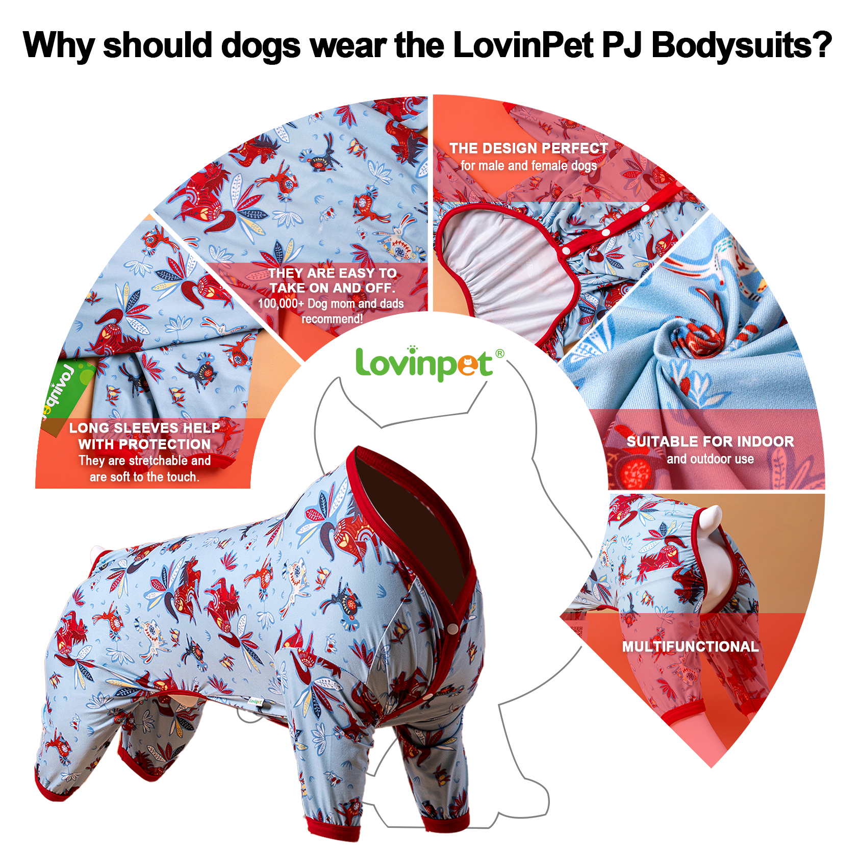LovinPet Large Dog Pajama - Red Horse Fantasy Design Full-Body Pajamas with Red Accents