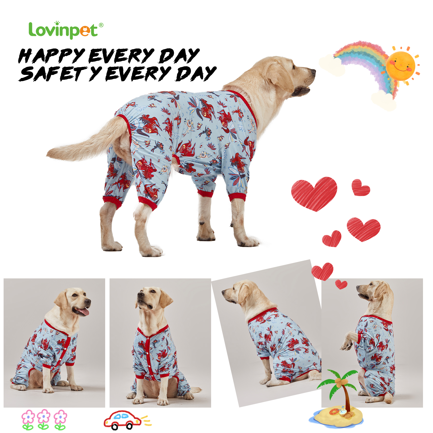 LovinPet Large Dog Pajama - Red Horse Fantasy Design Full-Body Pajamas with Red Accents