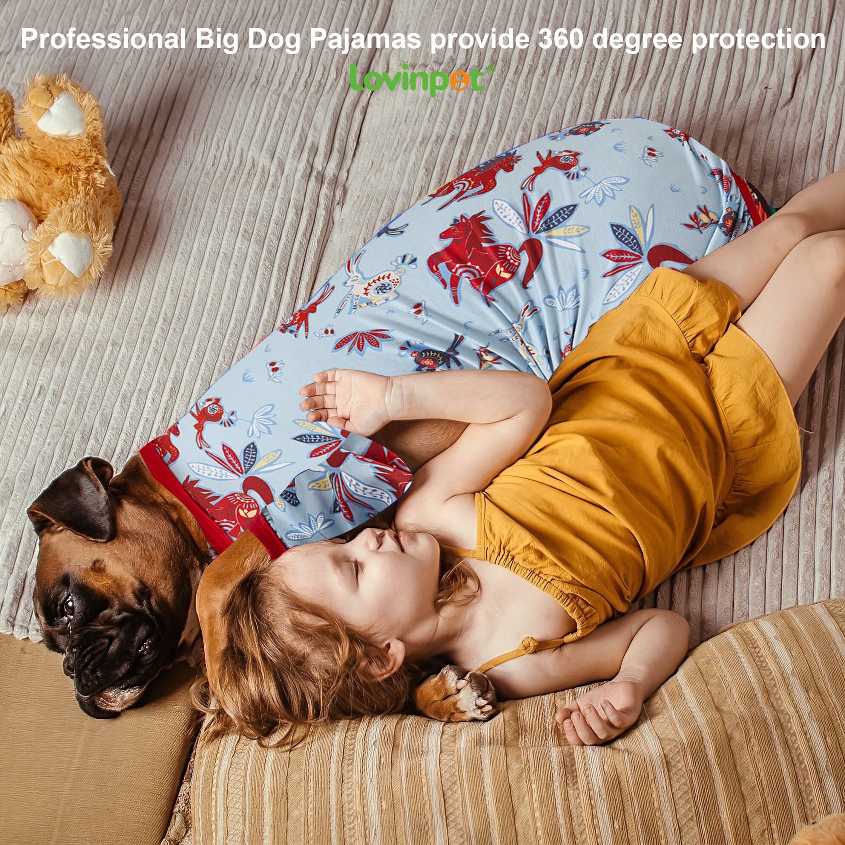 LovinPet Large Dog Pajama - Red Horse Fantasy Design Full-Body Pajamas with Red Accents