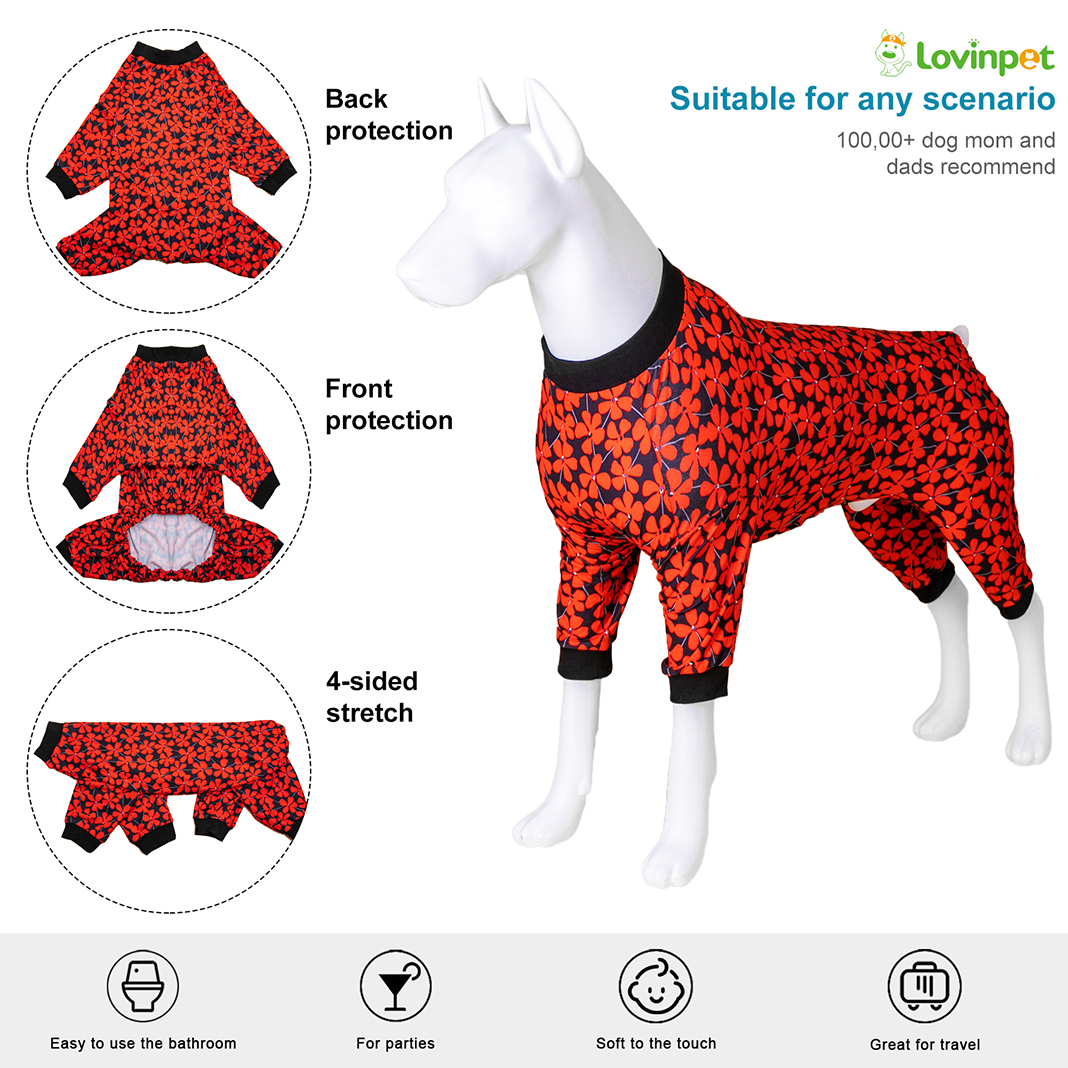 LovinPet Large Dog Pajamas Onesie - Bold Red Floral Design on Black Background