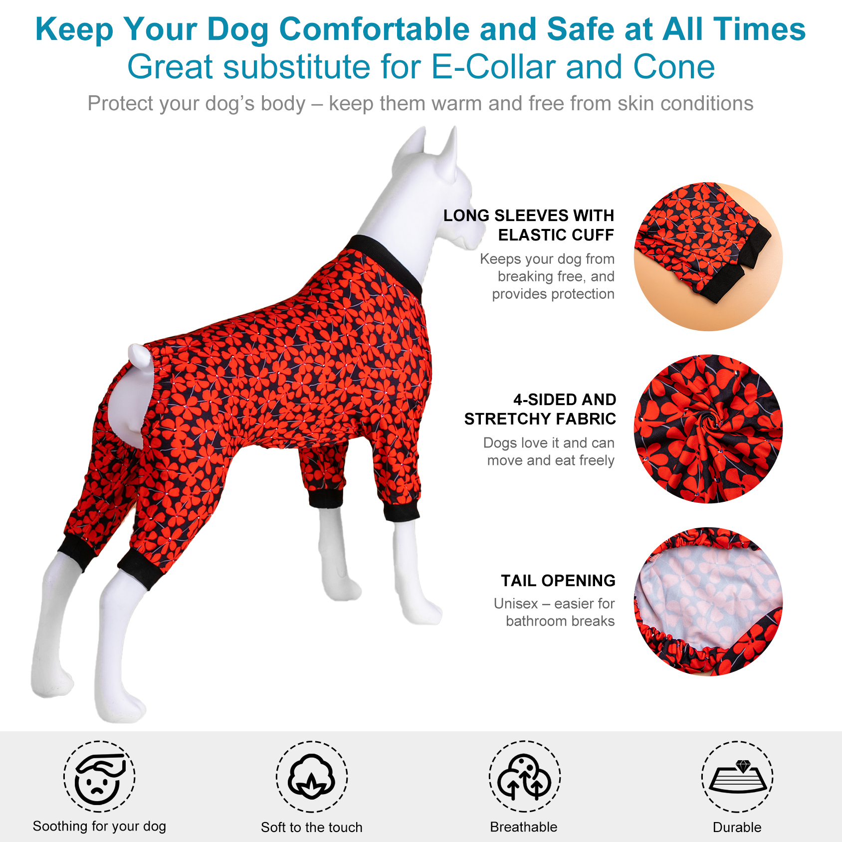 LovinPet Large Dog Pajamas Onesie - Bold Red Floral Design on Black Background