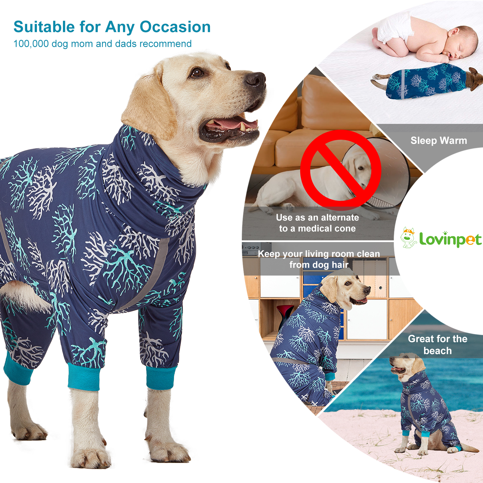 LovinPet Large Dog Pajamas Onesie - Ocean Coral Reef Sleepwear for Big Dogs