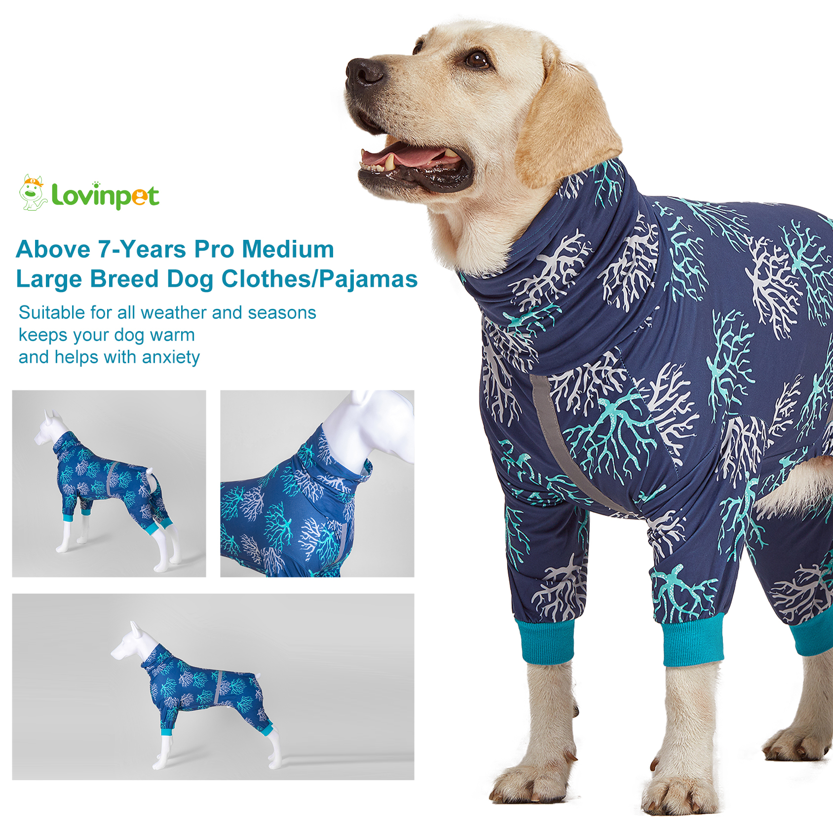 LovinPet Large Dog Pajamas Onesie - Ocean Coral Reef Sleepwear for Big Dogs