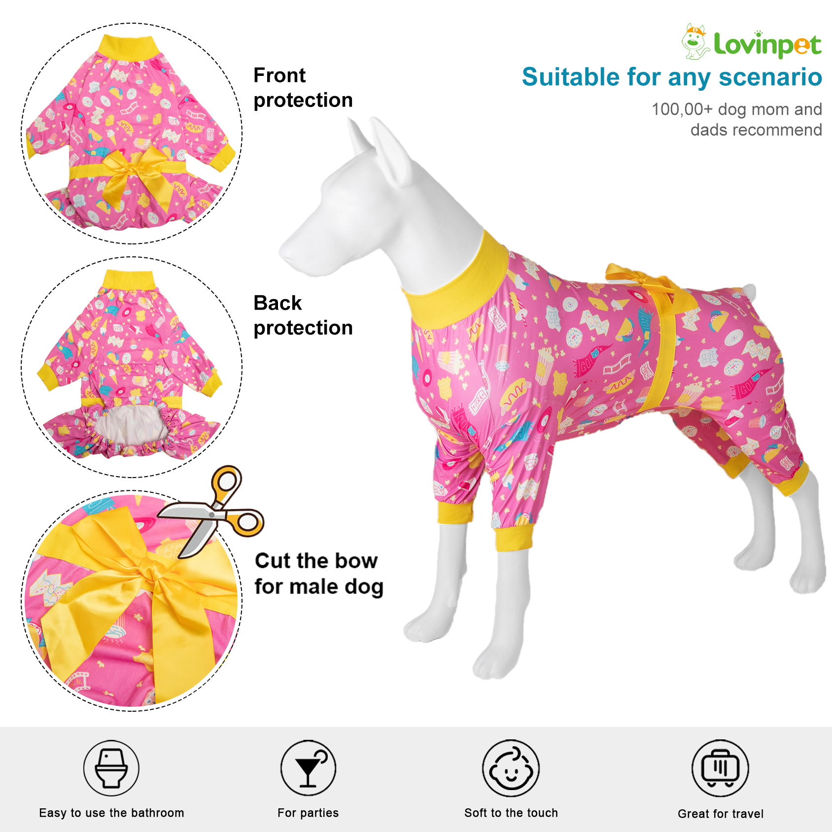 LovinPet Large Dog Pajama - Snack-Themed Pink Pajamas with Yellow Bow