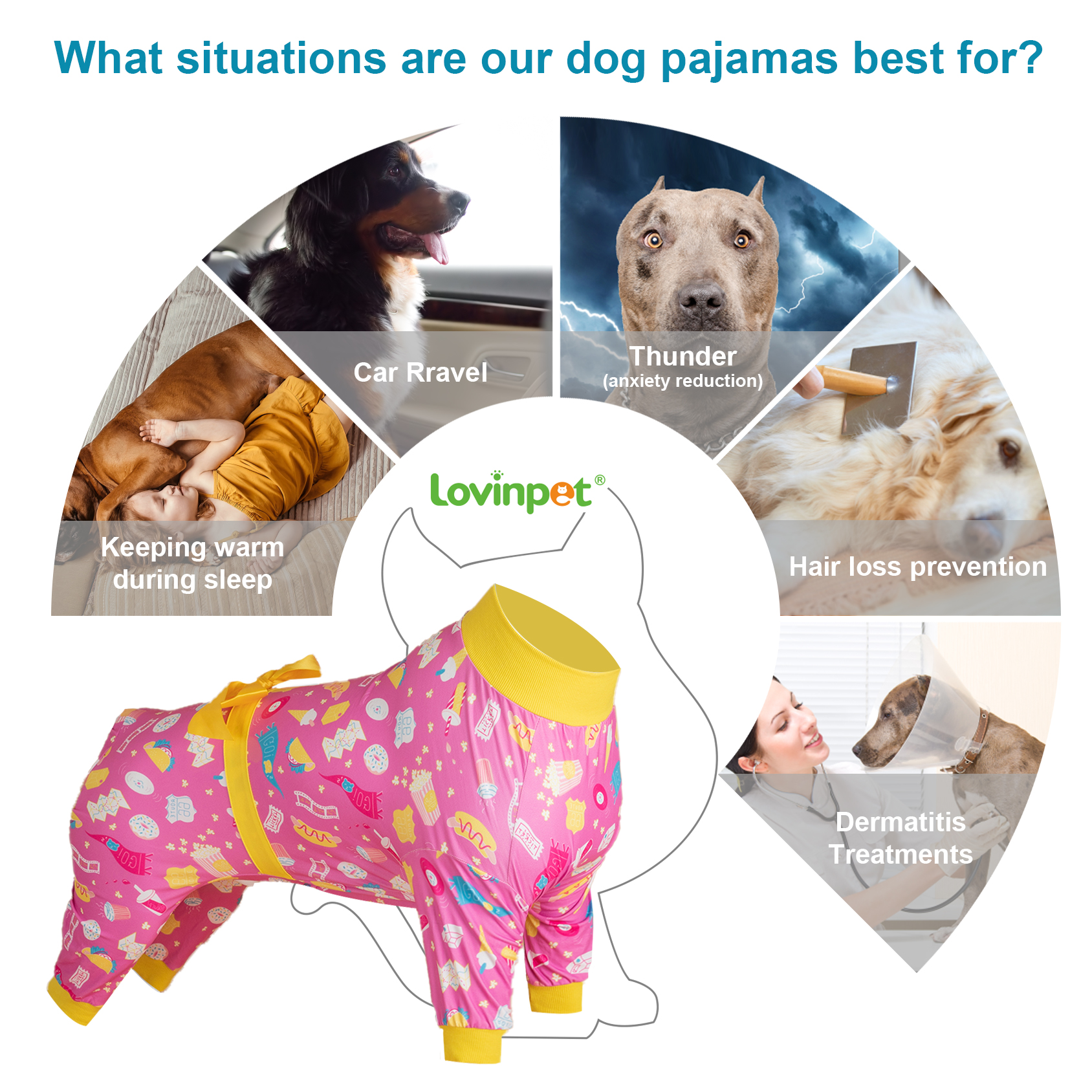LovinPet Large Dog Pajama - Snack-Themed Pink Pajamas with Yellow Bow