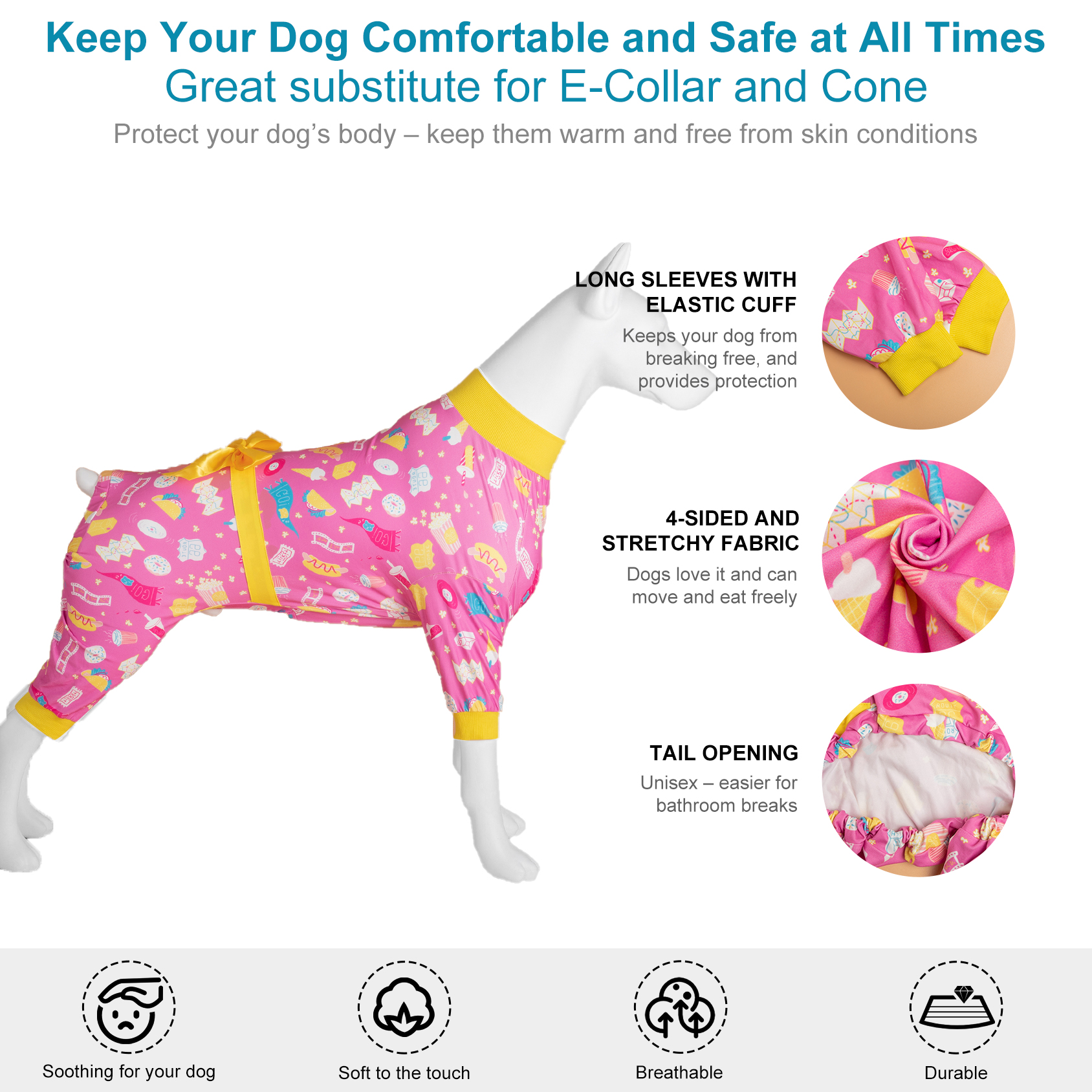 LovinPet Large Dog Pajama - Snack-Themed Pink Pajamas with Yellow Bow