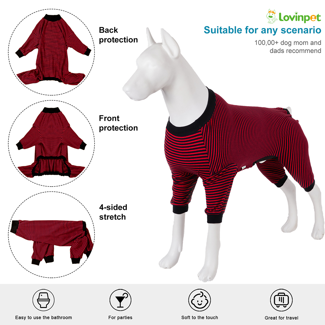 LovinPet Large Dog Pajamas Onesie - Classic Black and Red Striped Design