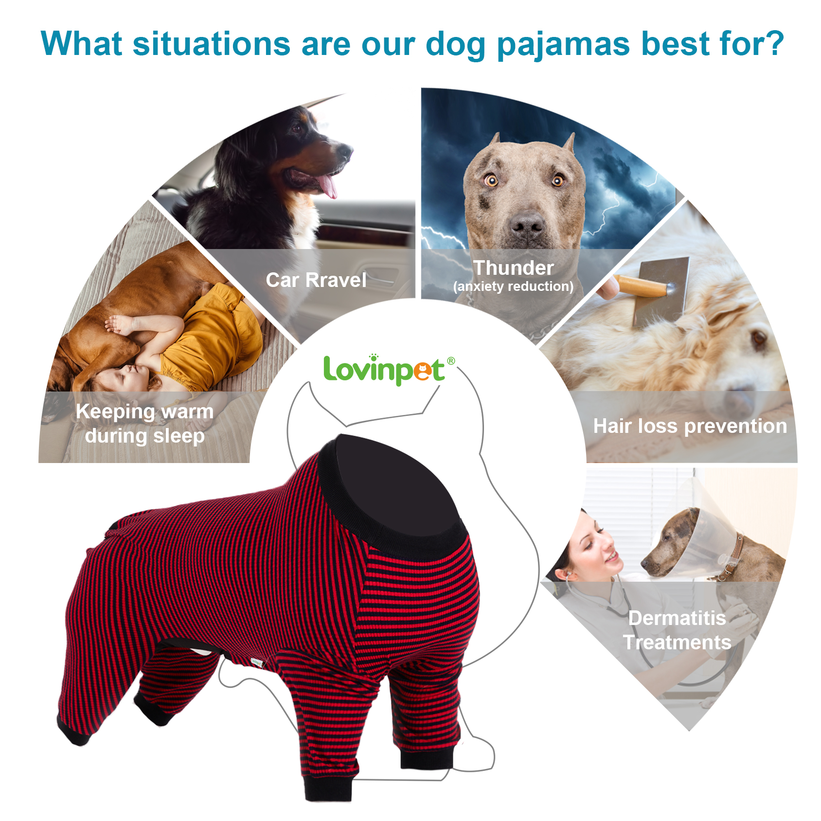LovinPet Large Dog Pajamas Onesie - Classic Black and Red Striped Design