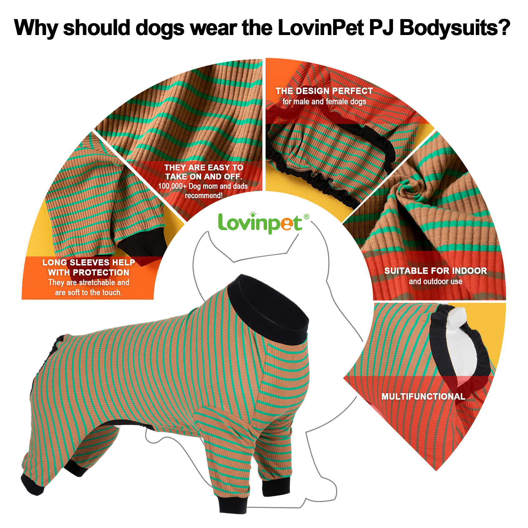 LovinPet Dog Knee Surgery Onesie - Green Striped Design