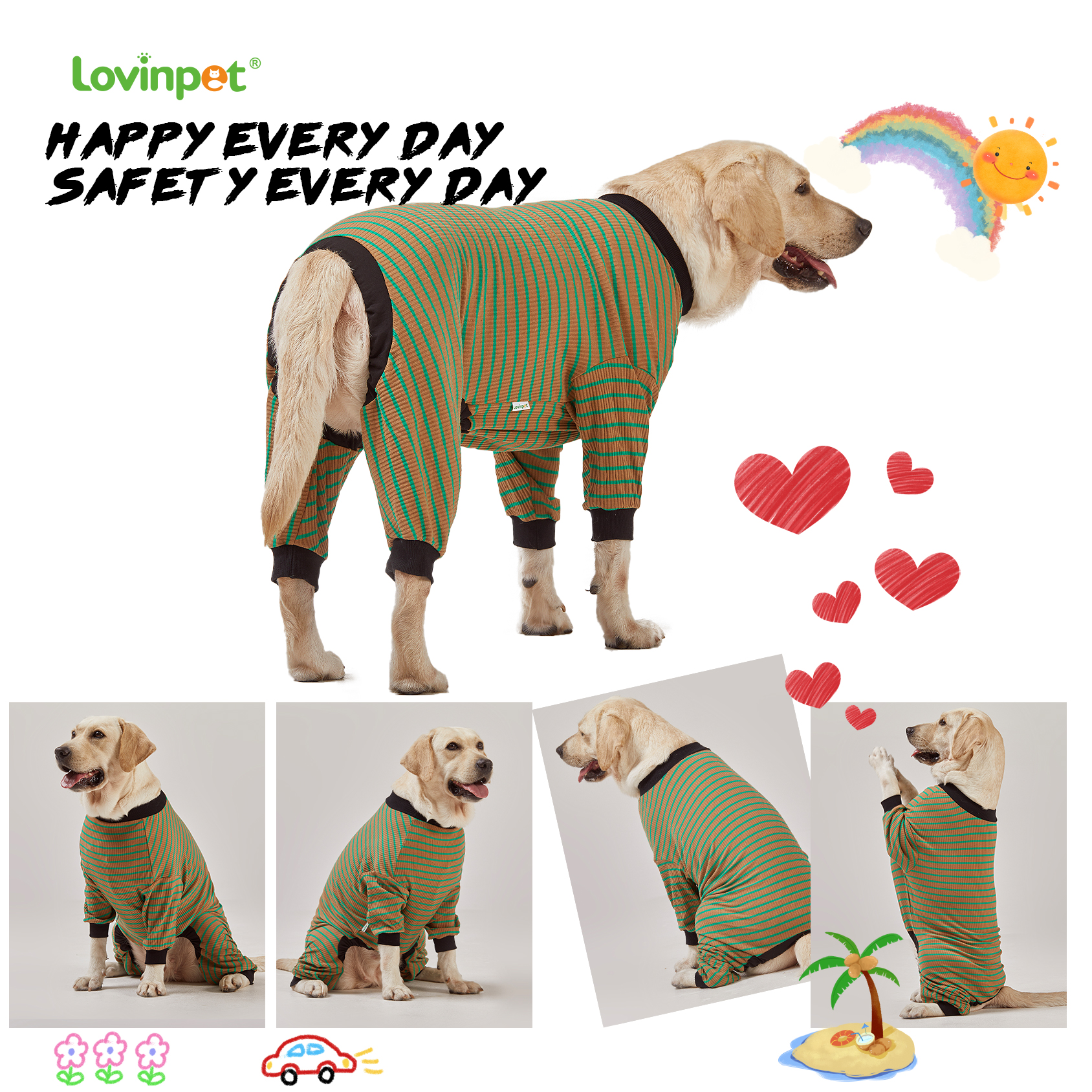 LovinPet Dog Knee Surgery Onesie - Green Striped Design