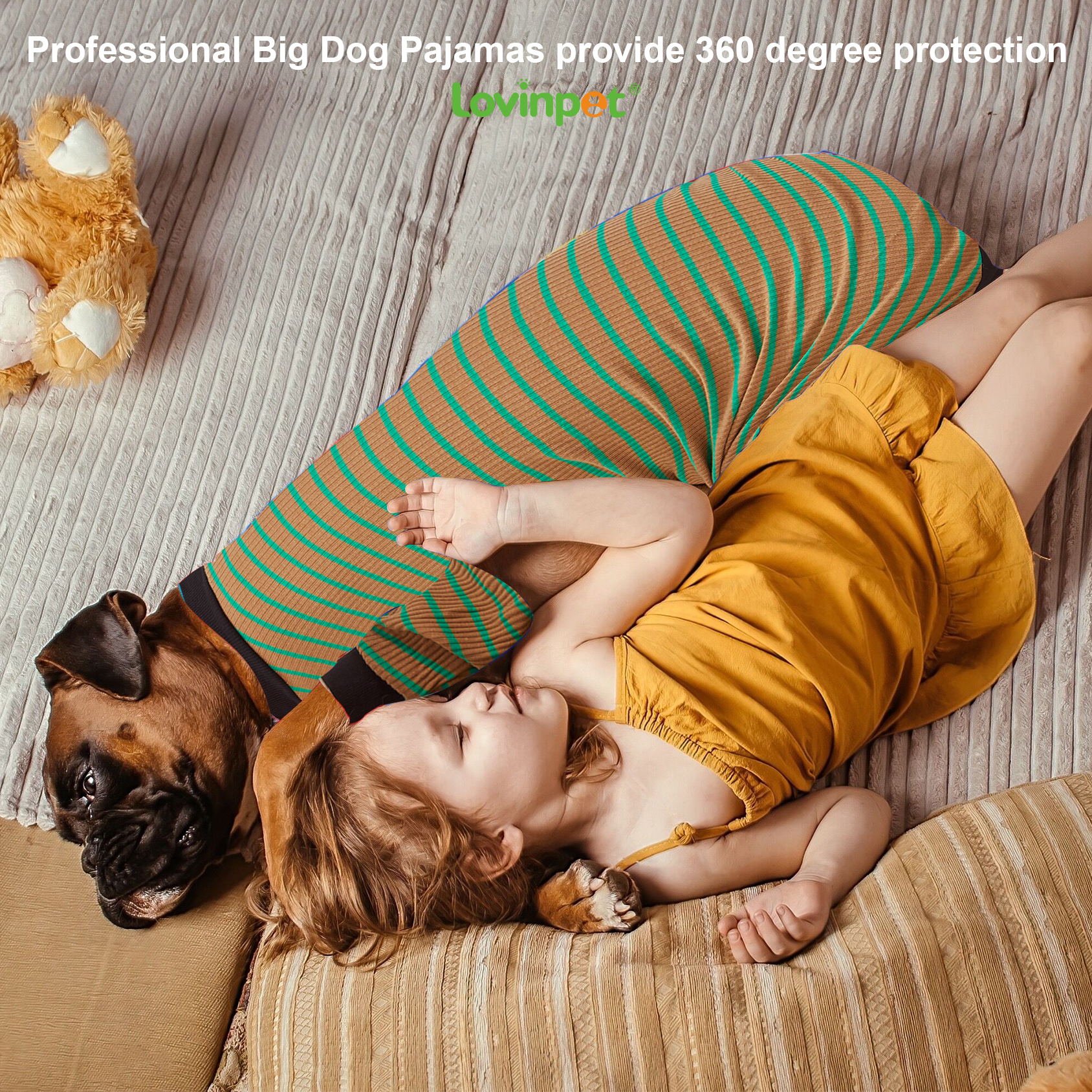 LovinPet Dog Knee Surgery Onesie - Green Striped Design