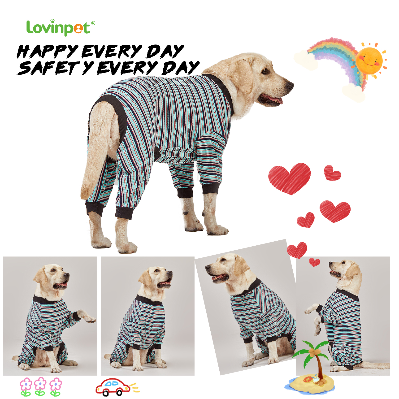 LovinPet Big Dog Pajama Onesie - Blue Stripe Pattern