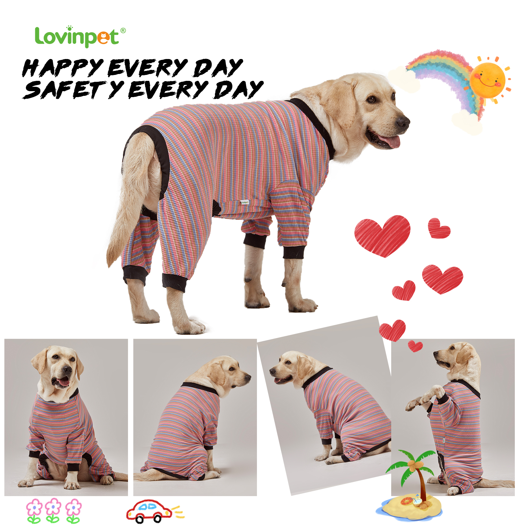 LovinPet Big Dog Pajama Onesie - Pink Stripe Pattern