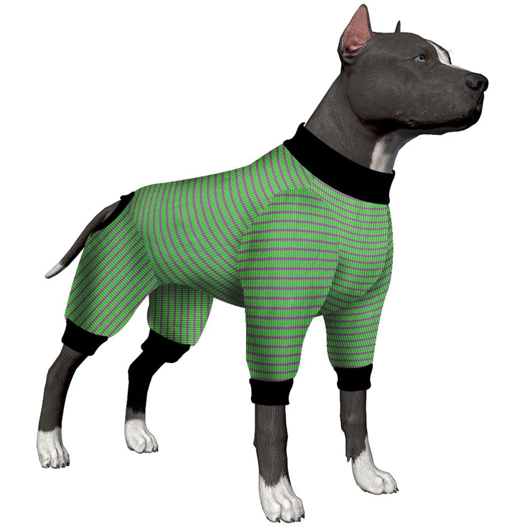 LovinPet Large Dog Pajamas Onesie - Green & Black Striped Design