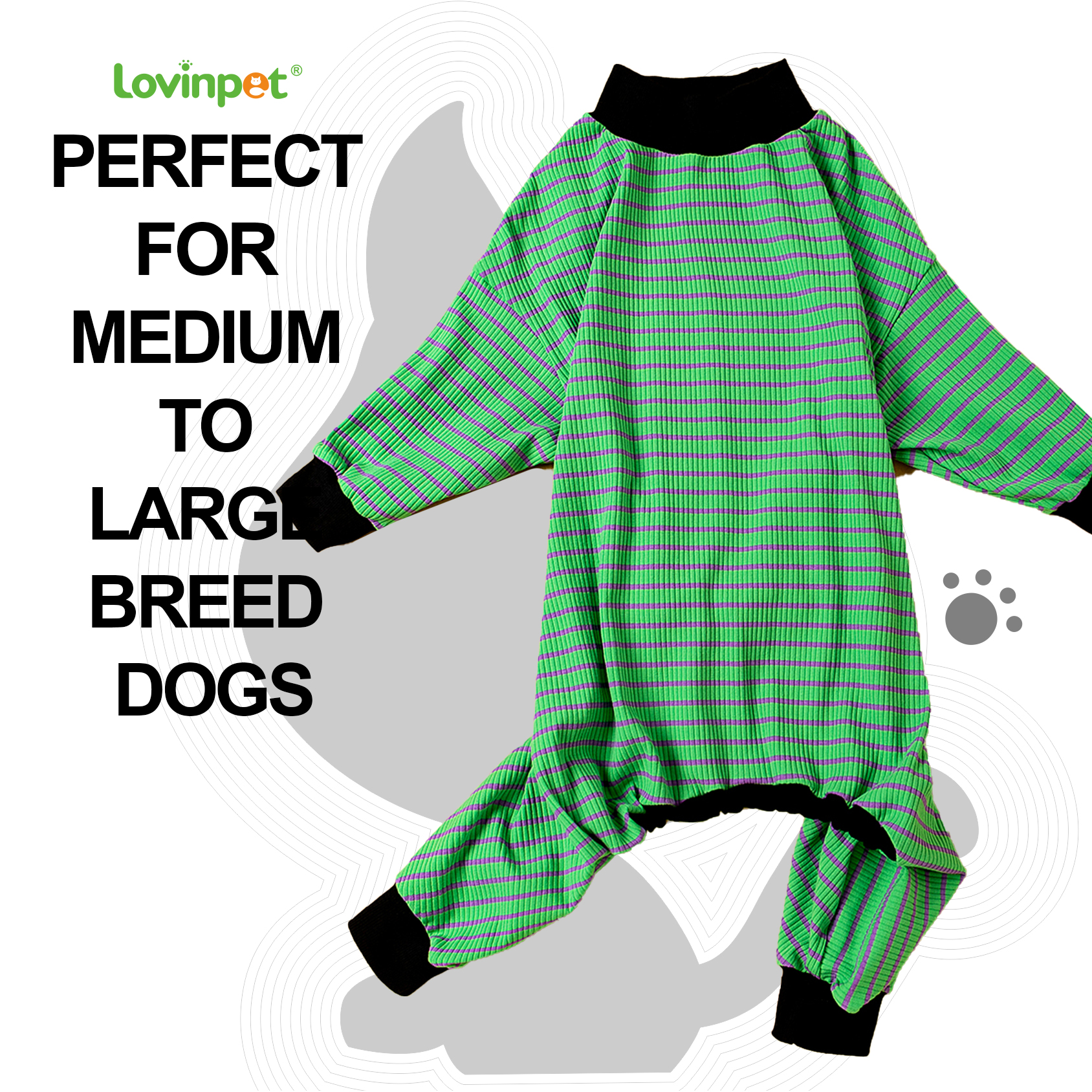 LovinPet Large Dog Pajamas Onesie - Green & Black Striped Design