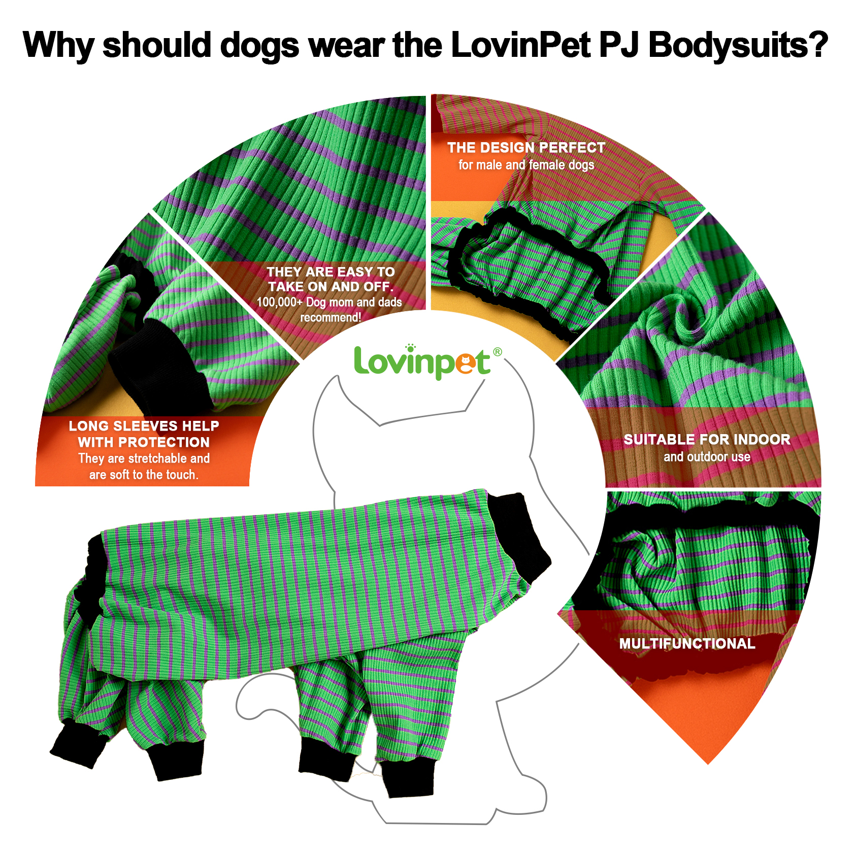 LovinPet Large Dog Pajamas Onesie - Green & Black Striped Design
