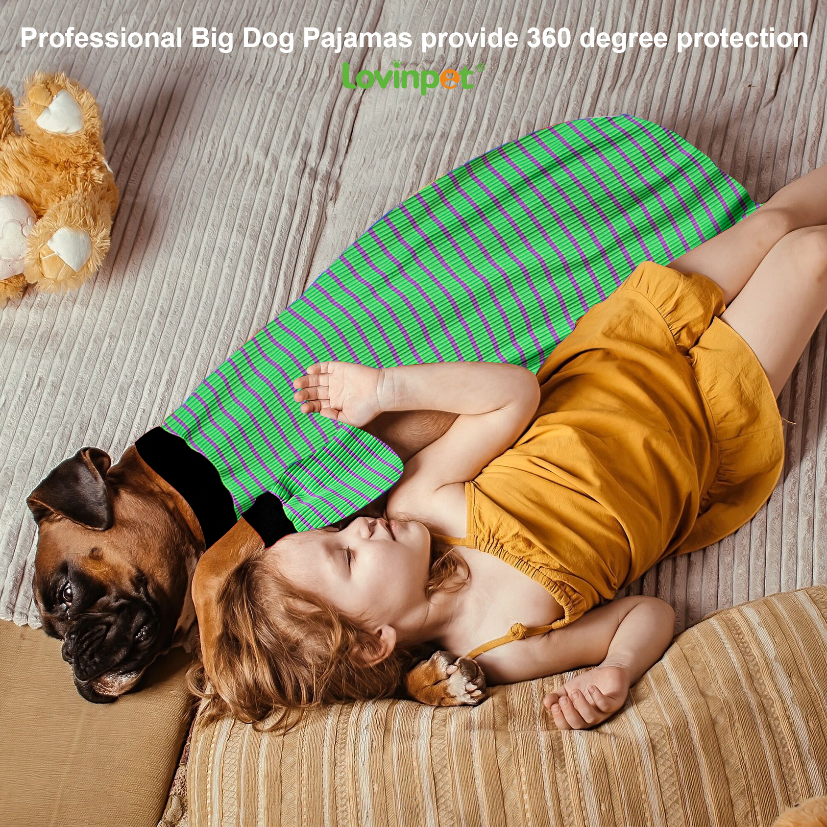 LovinPet Large Dog Pajamas Onesie - Green & Black Striped Design