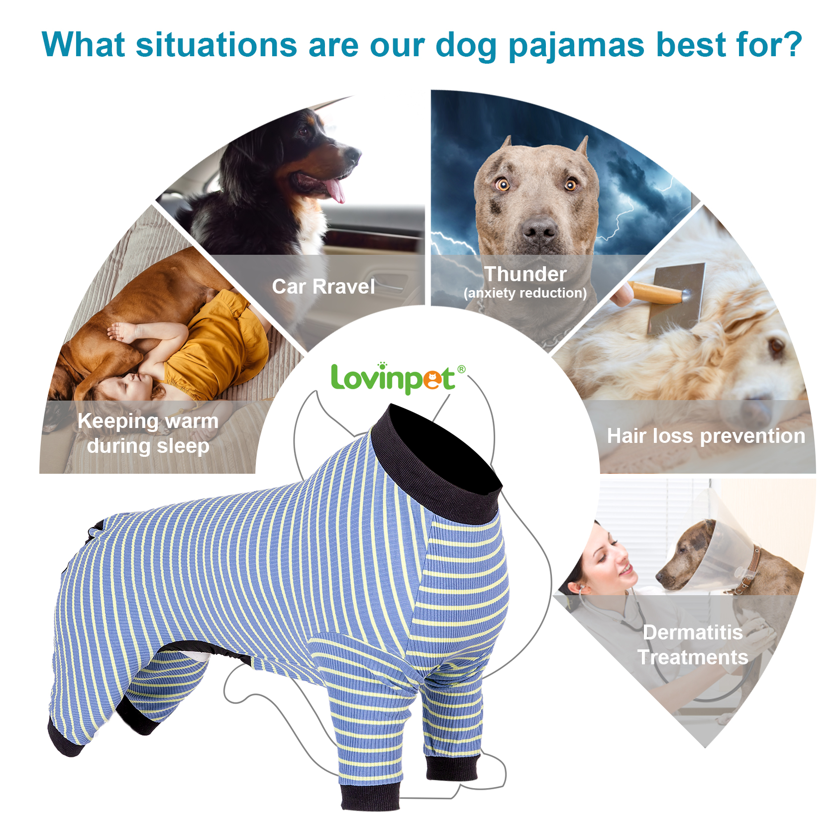 LovinPet Large Dog Anti-anxiety Pajama - Classic Striped Full-Body Pajamas with Black Accents