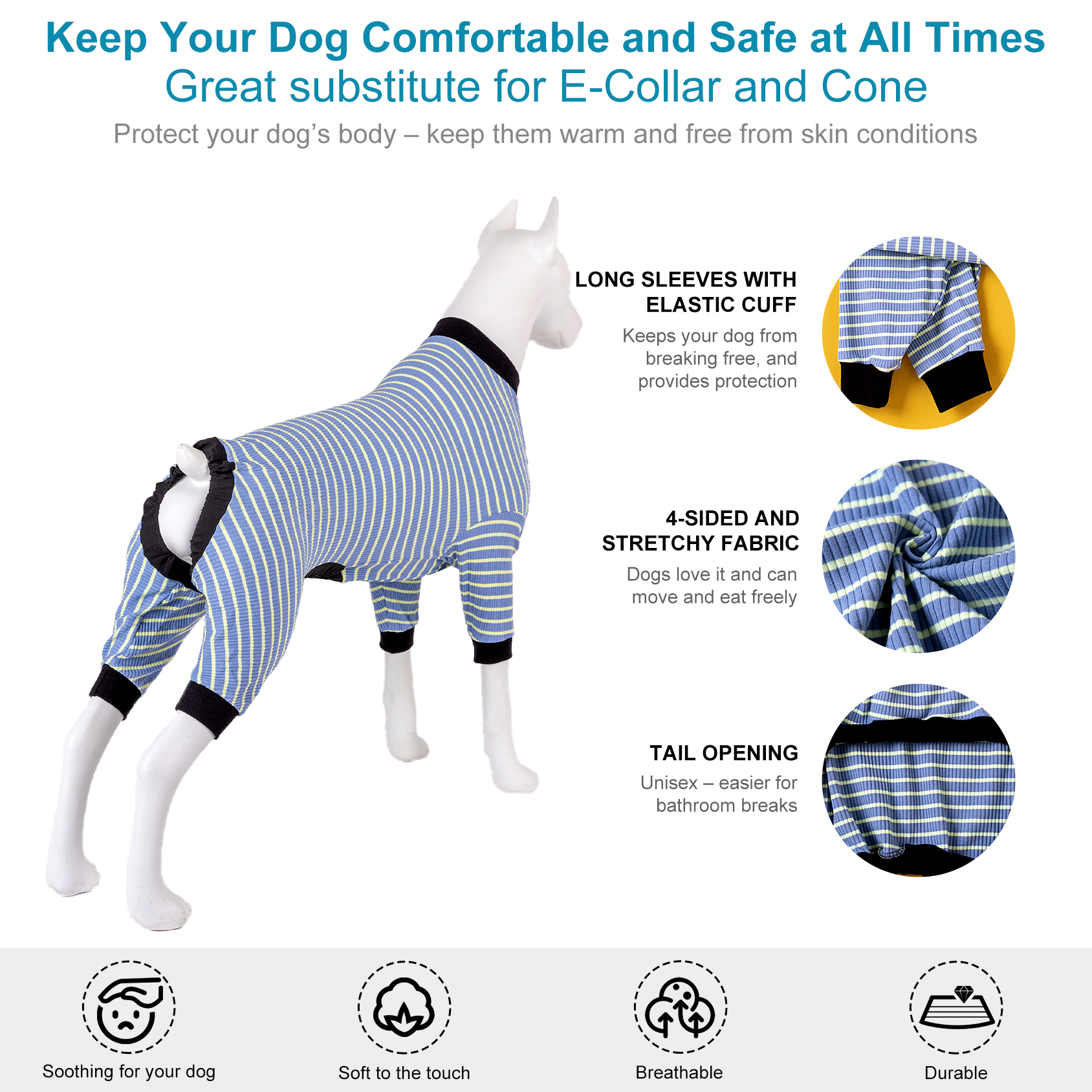 LovinPet Large Dog Anti-anxiety Pajama - Classic Striped Full-Body Pajamas with Black Accents