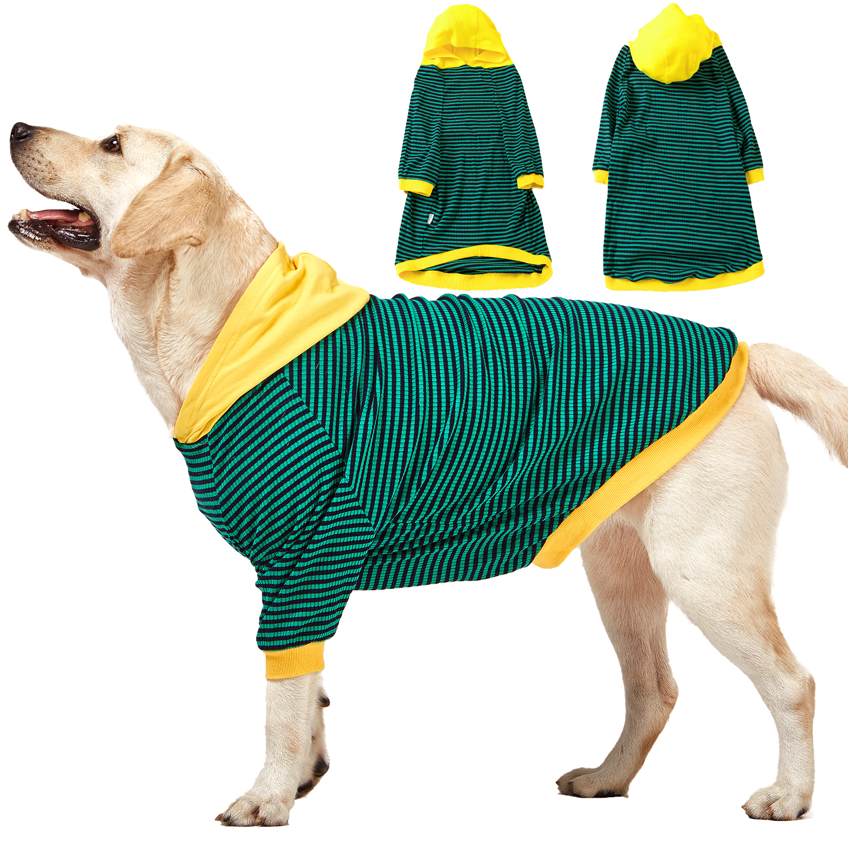 LovinPet Large Dog Hoodie - Green & Black Striped Hoodie with Yellow Accents