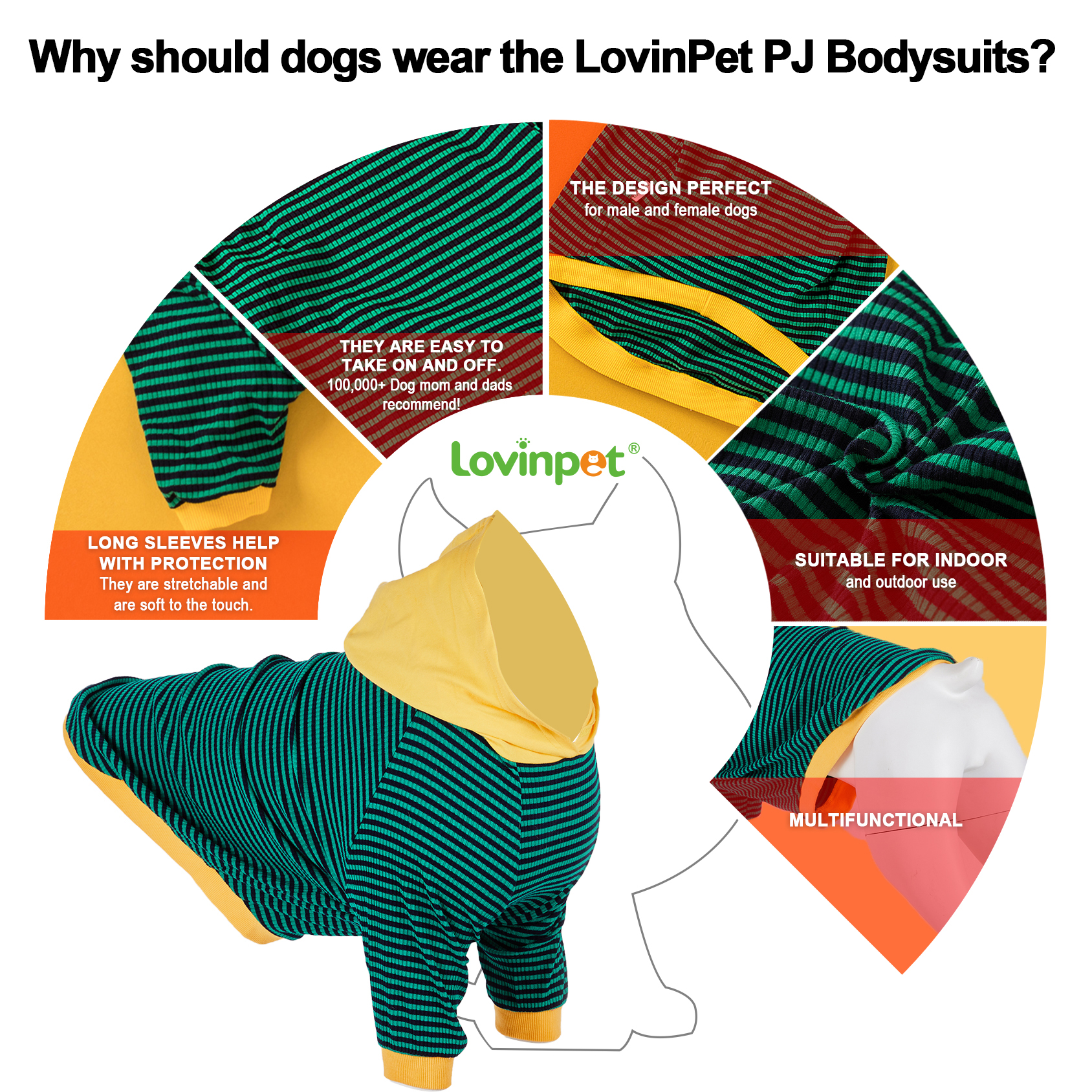 LovinPet Large Dog Hoodie - Green & Black Striped Hoodie with Yellow Accents