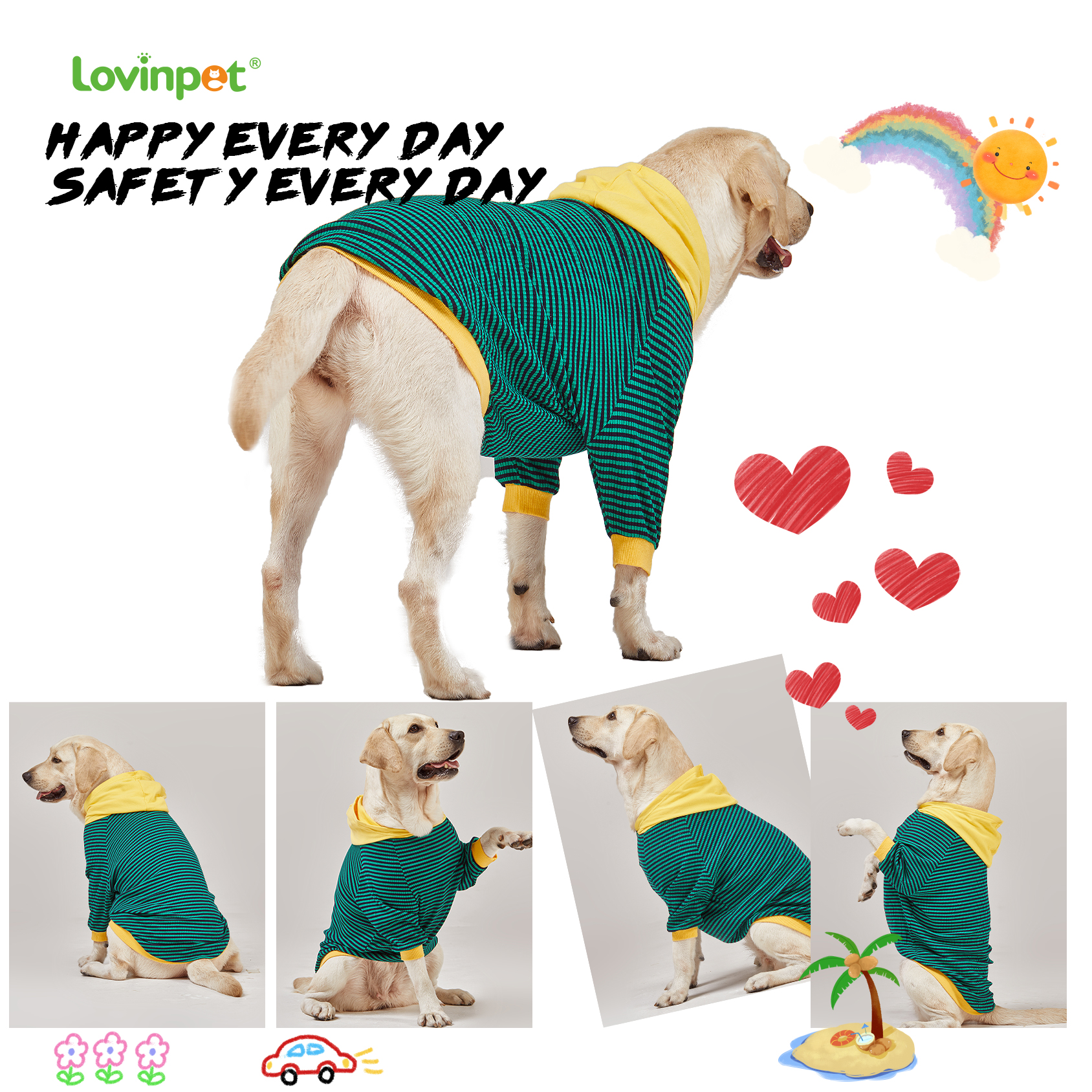 LovinPet Large Dog Hoodie - Green & Black Striped Hoodie with Yellow Accents